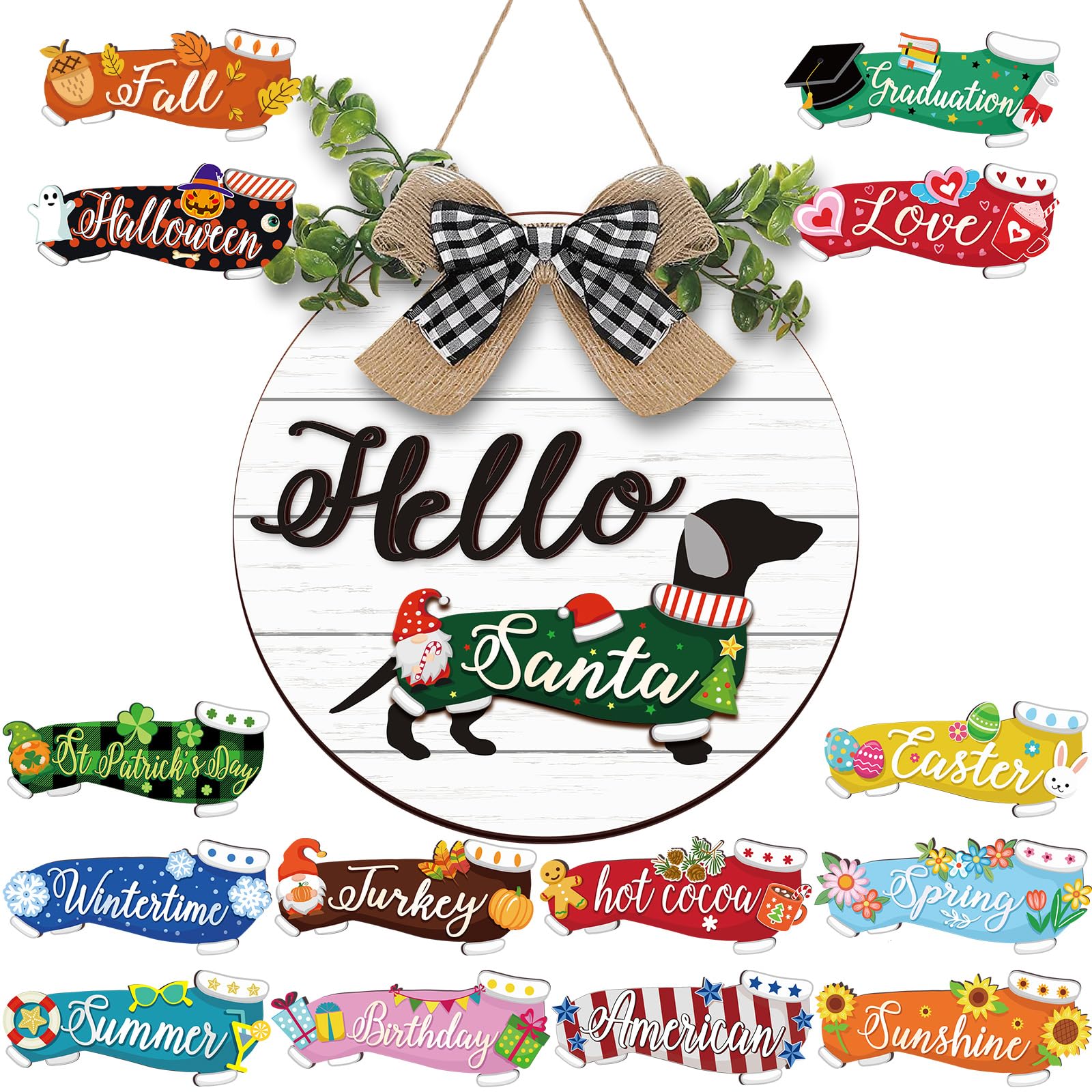 Glenmal16 Pcs Seasonal Interchangeable Dachshund Door Decor Cute Replaceable Easter Welcome Sign Seasonal Farmhouse Front Door Signs Wood Home Sign(White)