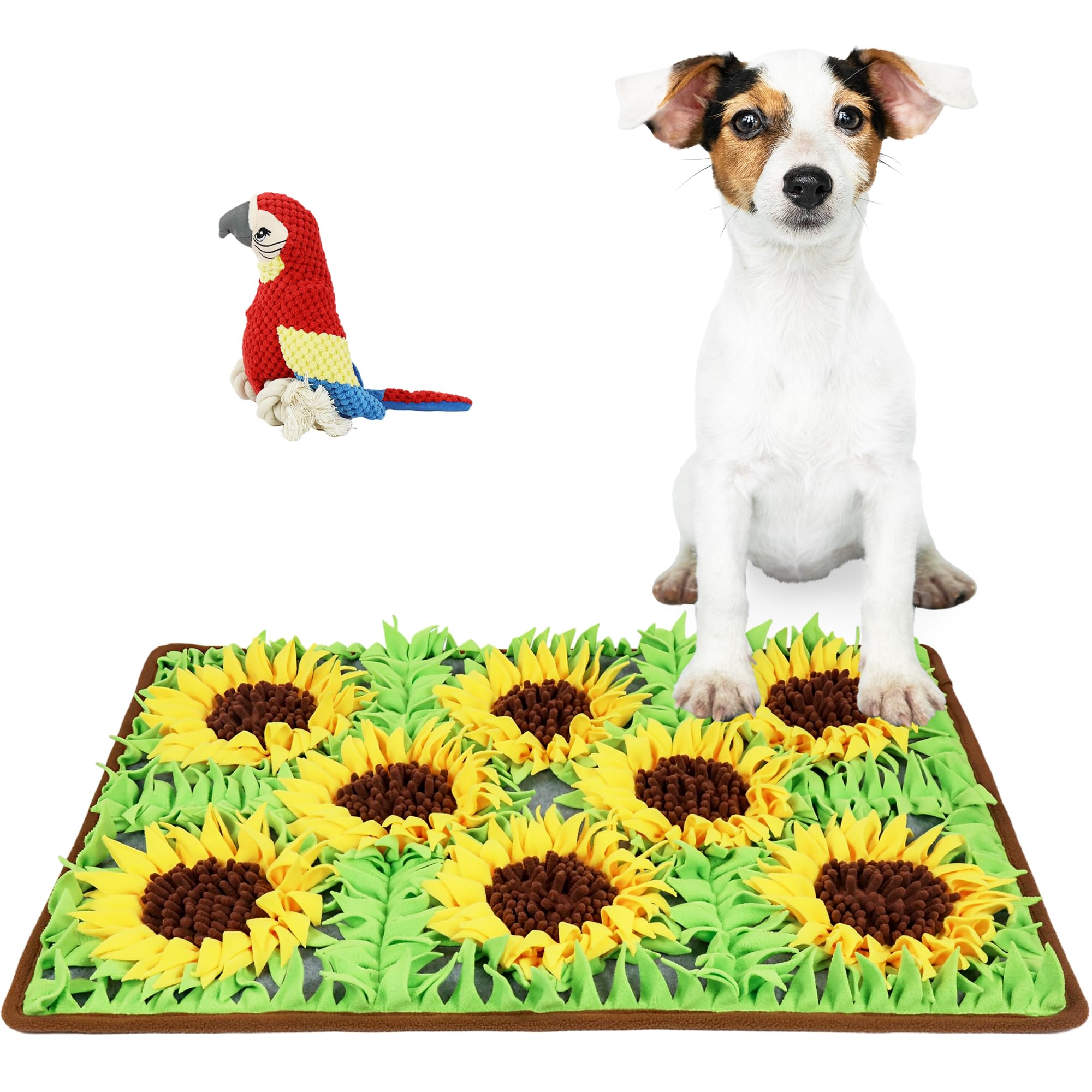 MHTTEC Snuffle Mat for Dogs 29.52" x 19.68" Sunflower Dog Sniffing Mat with One Red Parrot Chew Squeak Toys for Dogs