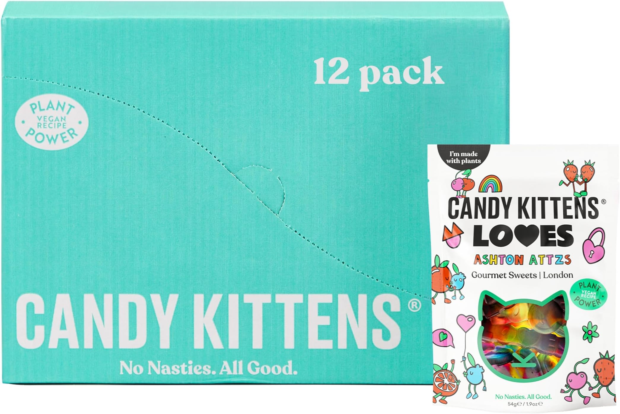 Candy Kittens Vegan Sweets LOVES (12 x 54g), Multipack, Rainbow Jelly Gourmet Vegan Sweet Mix, Naturally Flavoured Gummies with Real Fruit Juice, Vegetarian Treats