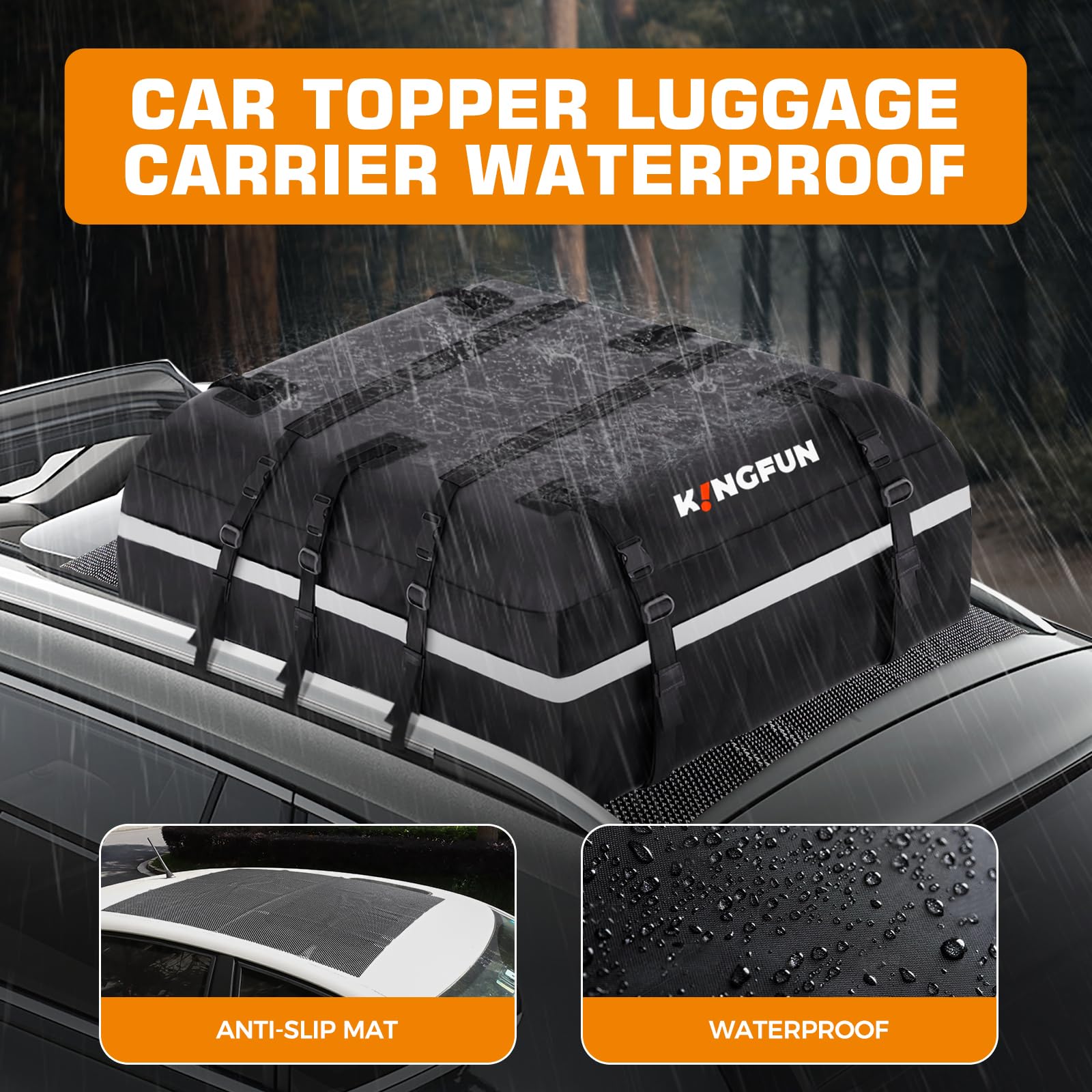 Kingfun Car Rooftop Cargo Carrier – Waterproof 20 Cubic Feet Car Roof Bag Fit All Vehicles with/Without Roof Racks, Includes Anti-Slip Mat, 8 Reinforced Straps & 6 Door Hooks, Luggage Locks?Black?