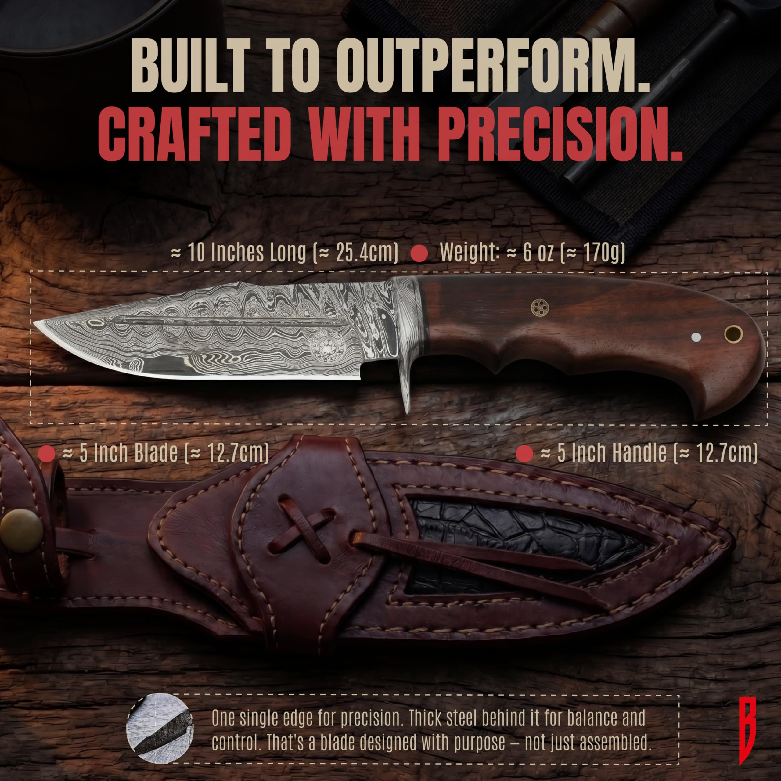 BIGCAT ROAR Deer Hunter - Coltello da Caccia in Acciaio Damasco Artigianale 25 4 cm - Manico in Legno di Noce e Fodero in Cuoio - Bushcraft Campeggio Sopravvivenza - Regalo Uomo Cacciatore