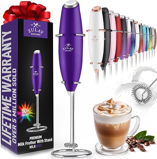 Zulay Original Milk Frother Handheld Foam Maker for Lattes - Whisk Drink Mixer for Coffee, Mini Foamer for Cappuccino, Frappe, Matcha, Hot Chocolate by Milk Boss (Metallic Blue)