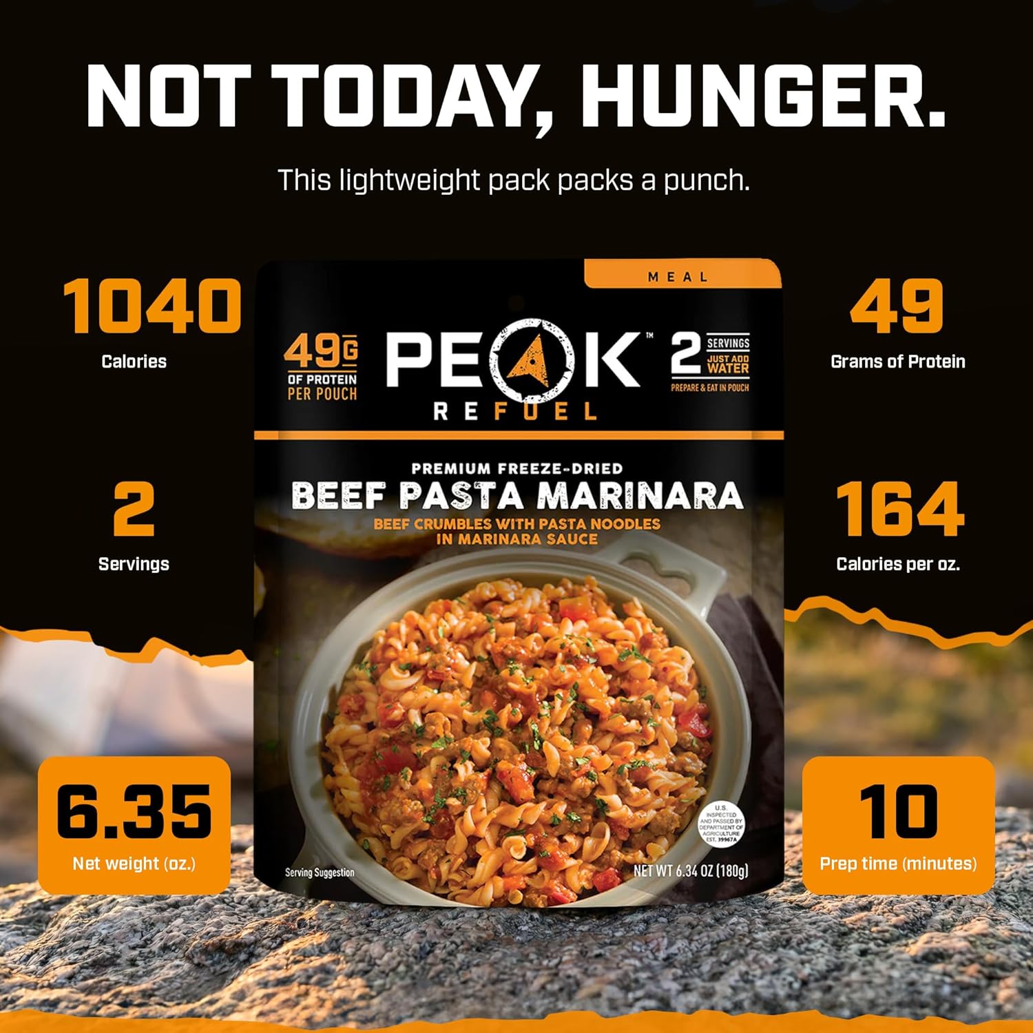 Peak Refuel Beef Pasta Marinara | 49g Protein | 1040 Calories | 100% Real Meat | Premium Freeze Dried Backpacking & Camping Food | 2 Servings | Ideal MRE Survival Meal (2 Serving Pouch)