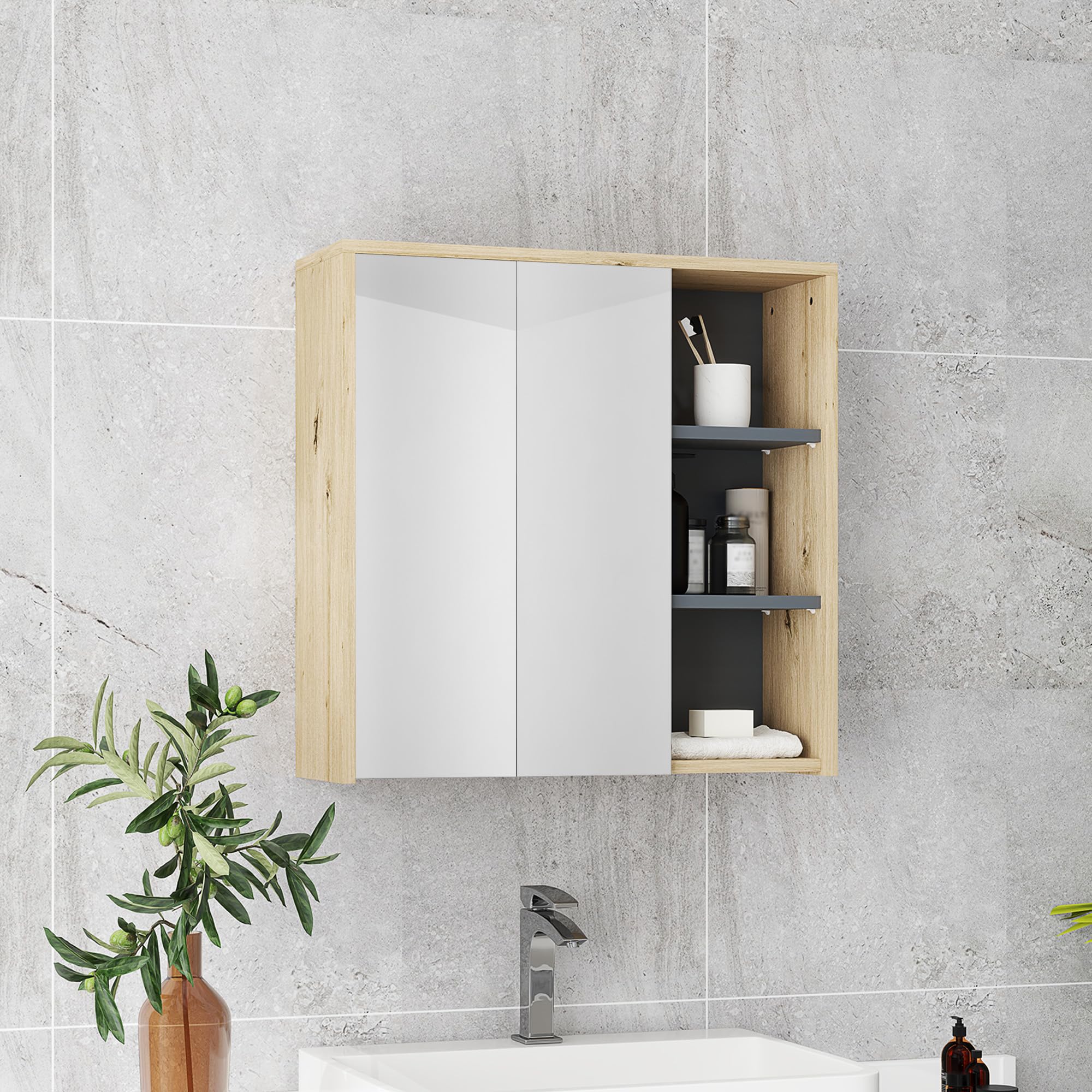 Mobiletto Bagno Con Specchio E Ripiani - Armadietto A Parete 60x49 Cm Bianco Con Specchio - Foto 6