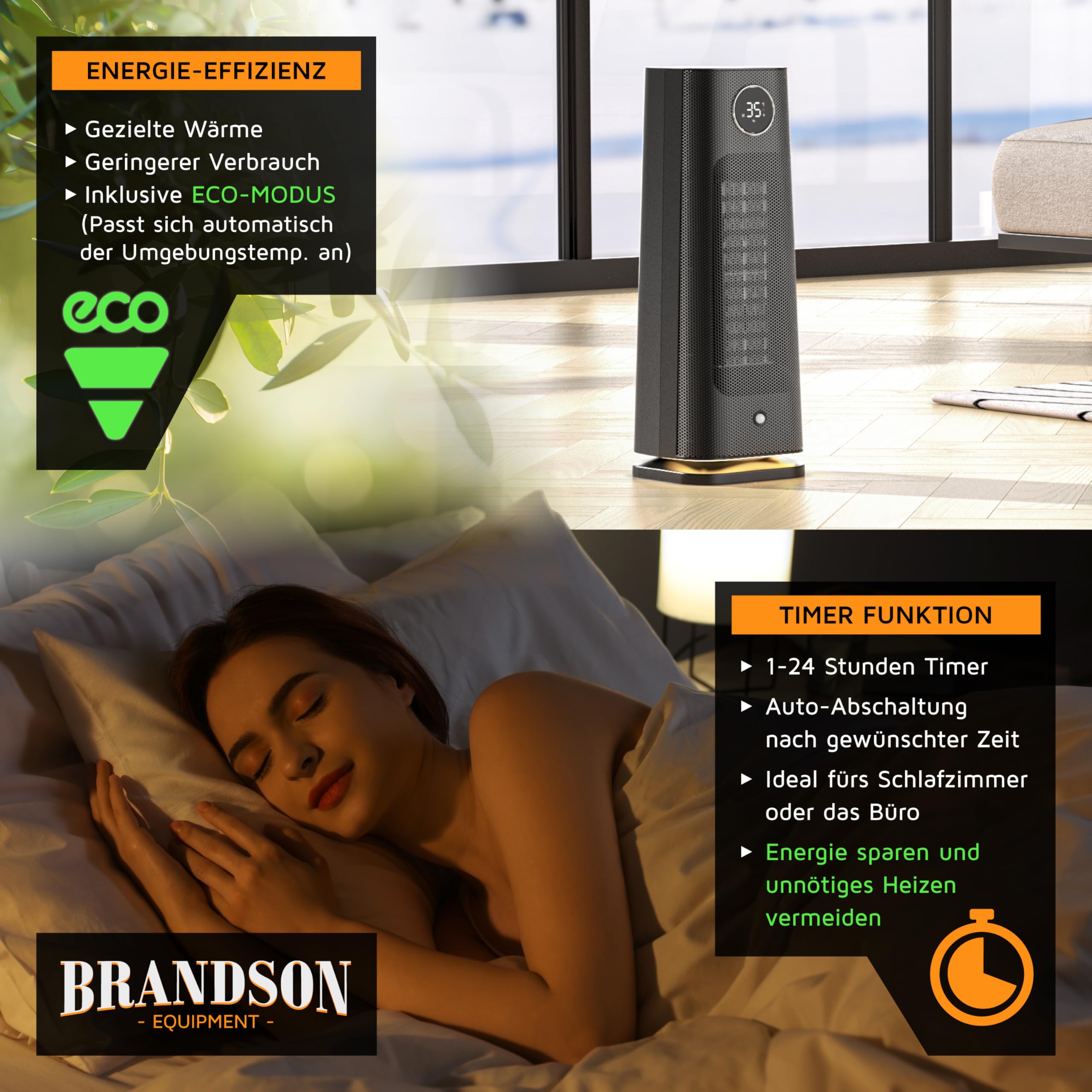 Brandson - Heizlüfter mit Fernbedienung - Preisträger - ECO Modus energiesparend leise - 2000 Watt - Oszillation - Kindersicherung - Timer - LED-Beleuchtung - Bad Wohnzimmer Büro Kinderzimmer