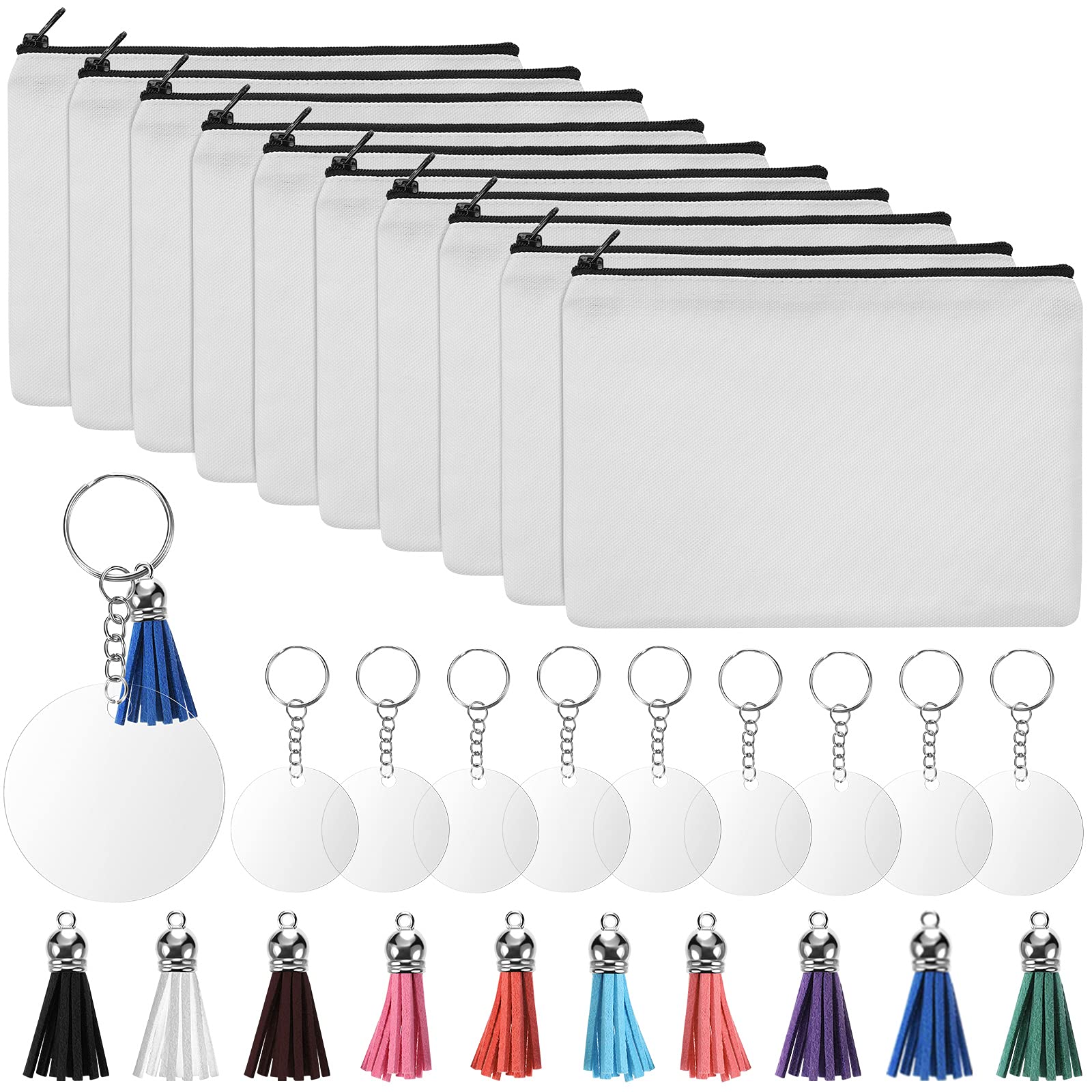 10 Pieces Sublimation Blanks Pouch Multipurpose Cosmetic Bags DIY Heat Transfer Makeup Bags Iron on Transfer Zipper Canvas Pen Case with 40 Pieces Acrylic Keychain Blanks Tassels Set for Women