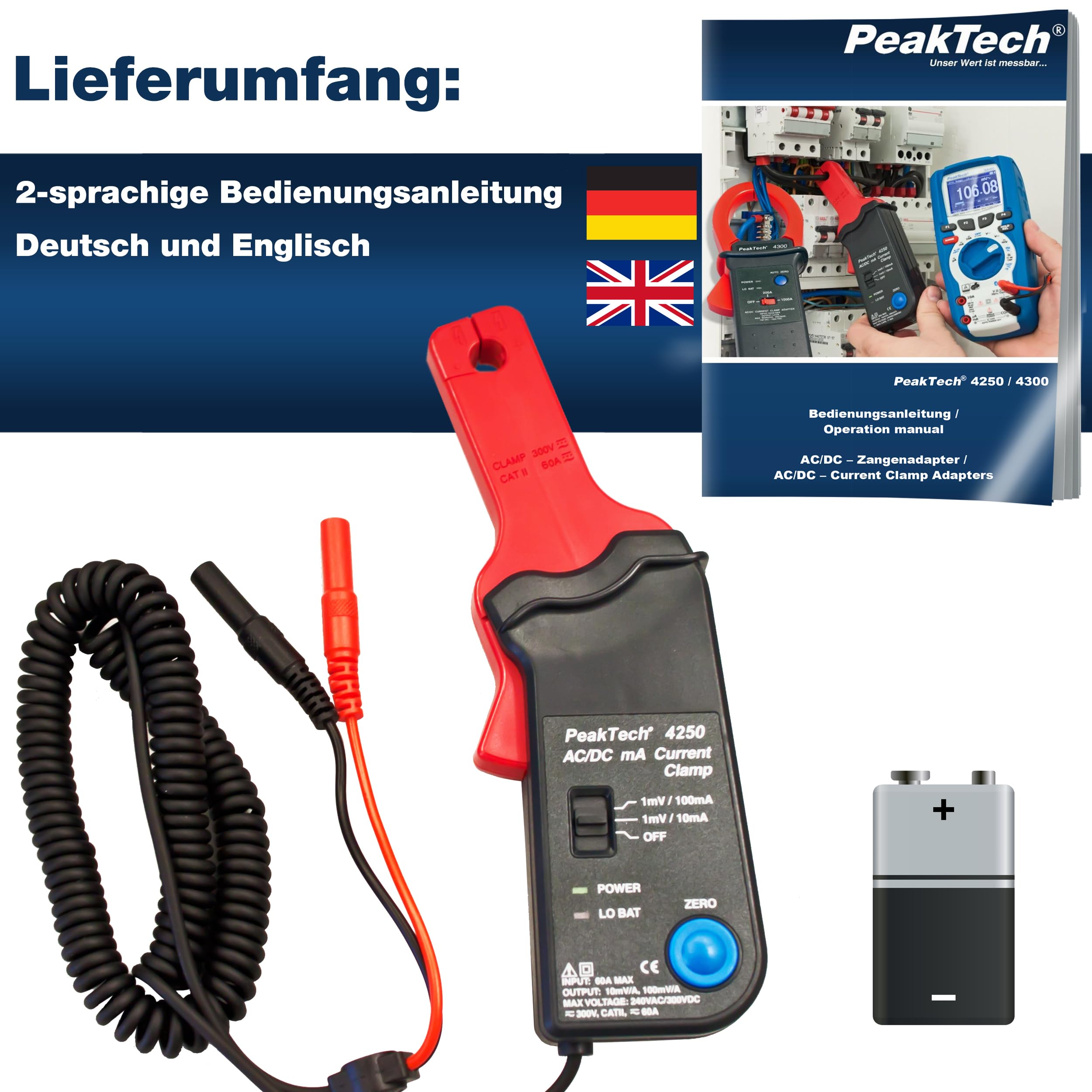 PeakTech P 4250 - Adapter cęgów prądowych do Multimetru ~ 60 A AC/DC ~ z wtyczką 4mm
