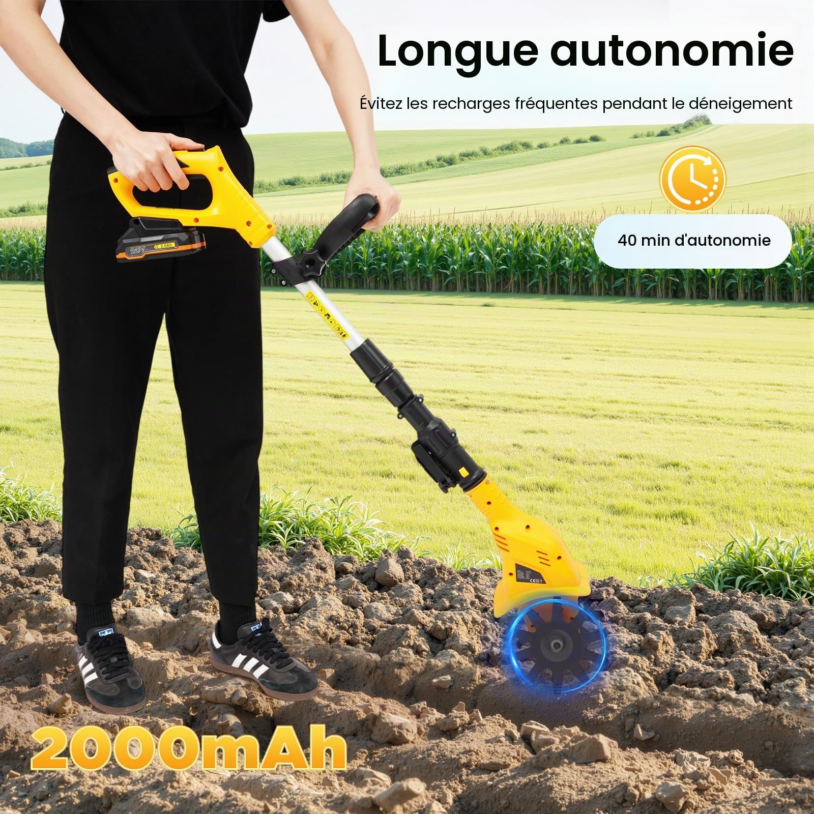 Mini motoculteur 20 V 2000 mAh Motoculteur manuel 250 tr/min Motobineuse sans fil avec batterie au lithium 20 V pour labourer, pailler et mauvaises herbes, largeur de travail 10 cm 17 cm