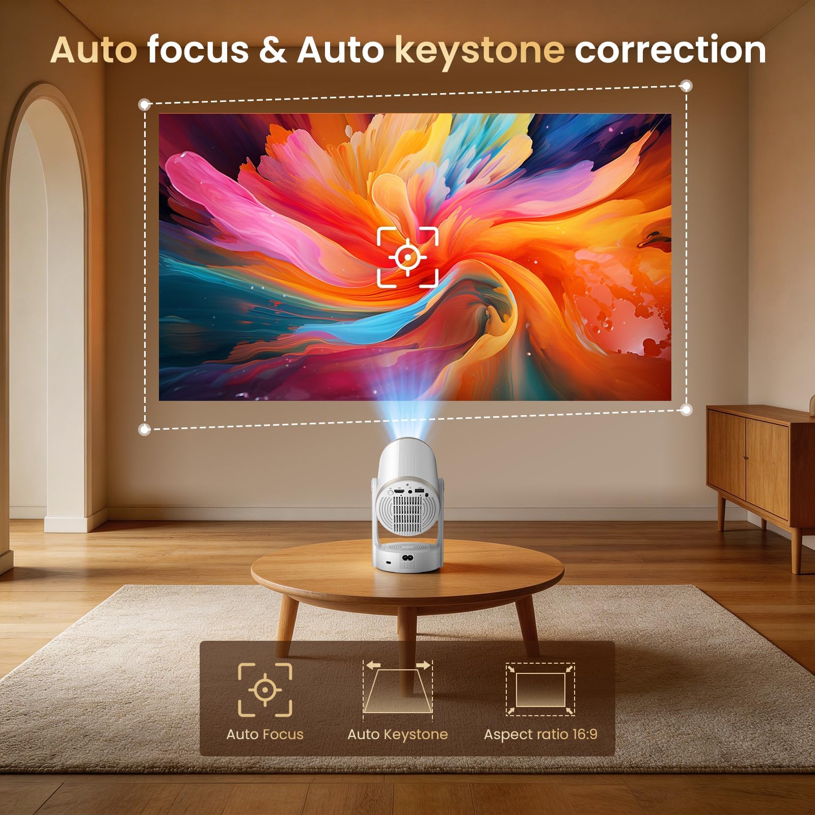 Proyector Portátil Soporte 4K 1080P, Mini Proyector Android 12.0 WiFi 6 | Bluetooth 5.4, 22,000 Lumen Automática Keystone & Enfocar, 3 Formas de Instalación 180° Rotation para Cine en Casa Exterior