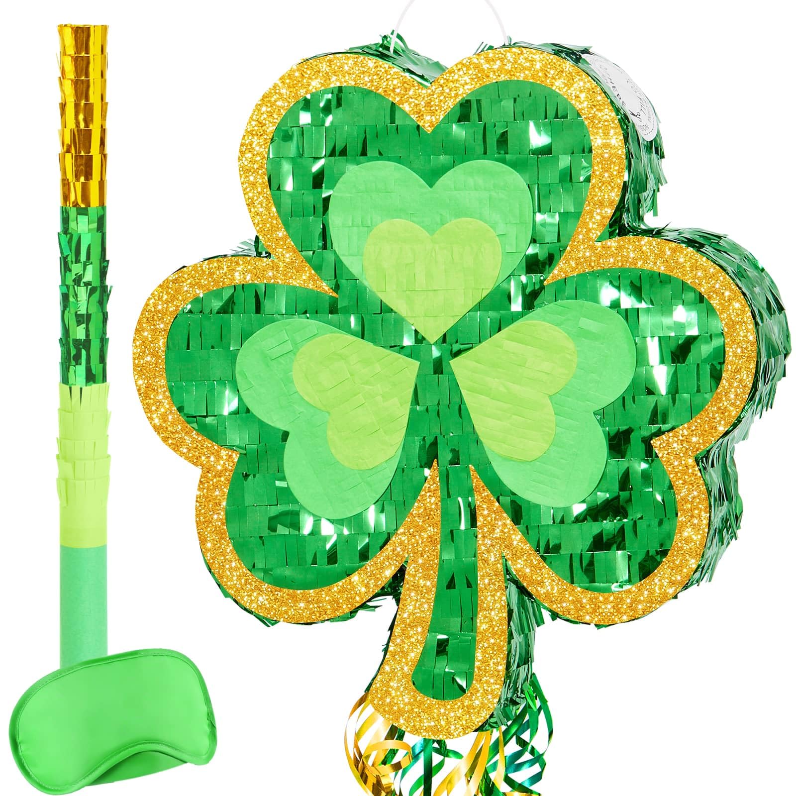 WERNNSAI St Patricks Day Pinata - St Patricks Day Party Game Green Shamrock Decorations for Festival Celebrations Supply Summer Lucky Charm Decor with Bat Blindfold — image 1