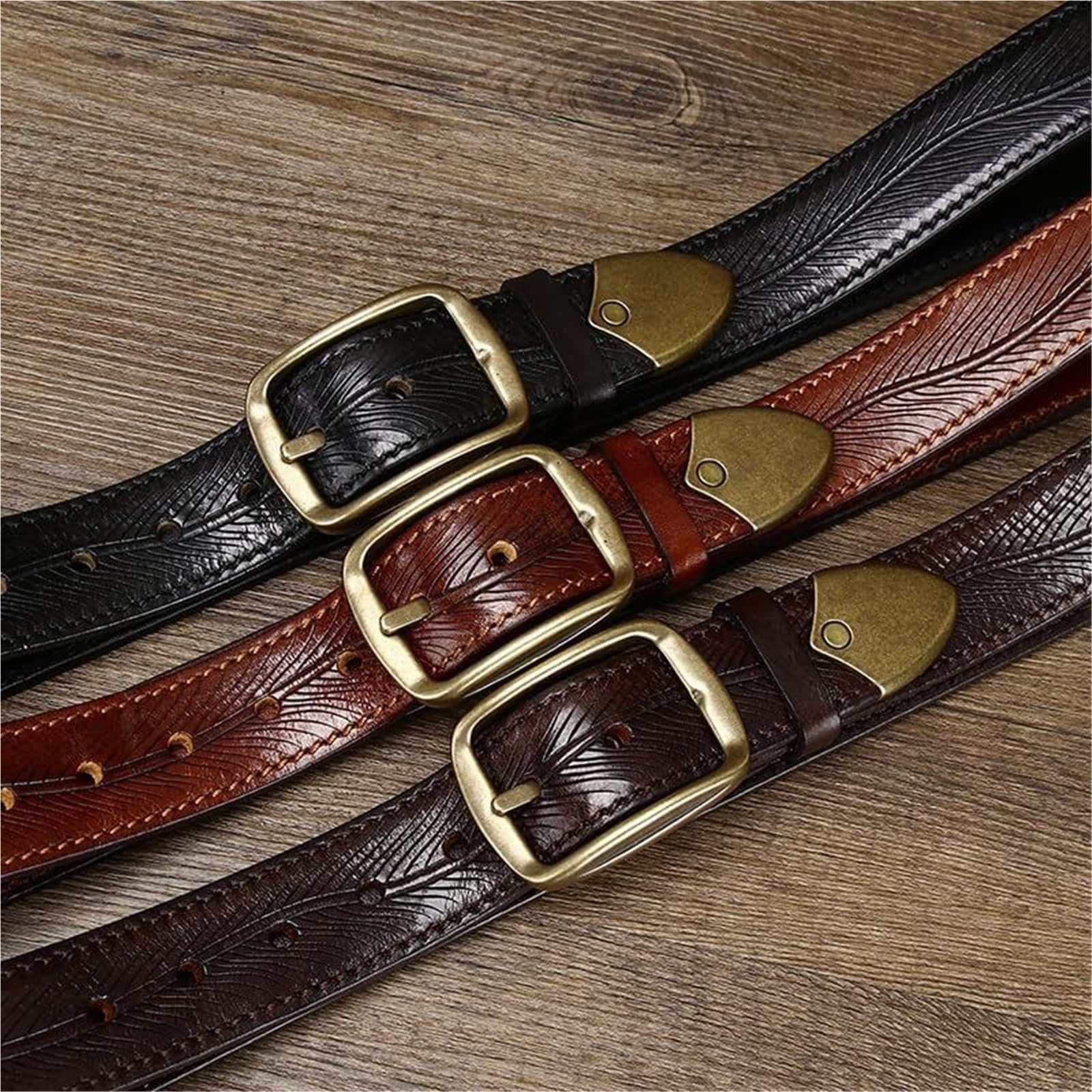 5 Mm Dicker, Geprägter, Wendbarer Gürtel Aus Genarbtem Leder – Zwei Stile, Genähter Riemen, Robuste Schnalle Massivem Messing