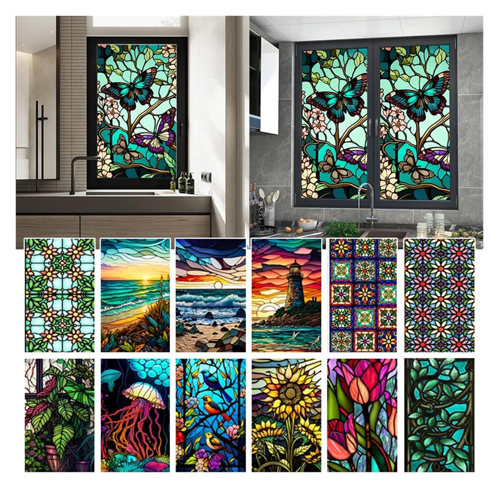 Vinilos para Ventanas Retro Pegatinas electrostáticas de PVC for Vidrio Esmerilado, Coloridas, con diseño Flores y pájaros Retro para Sala de Estar(Color 24)