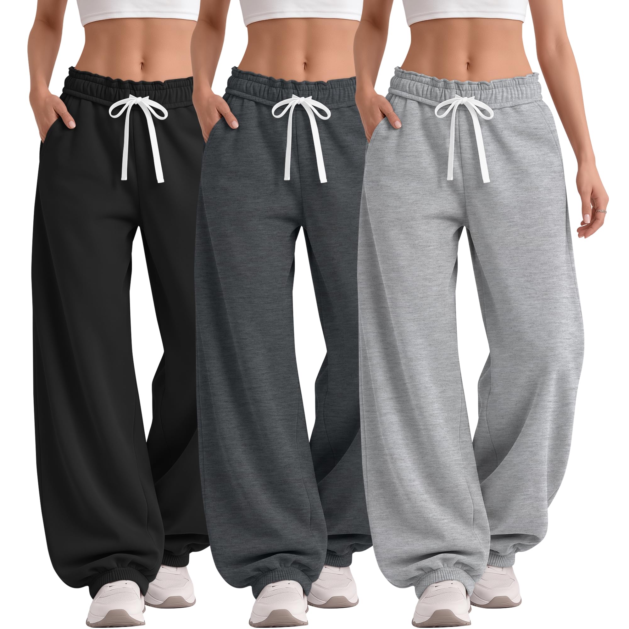 Huukeay 3 Pack Women's Baggy Sweatpants Joggers | High Elastic Waisted Pockets Pants, Wide Leg Casual Gym Jogger, Basic Drawstring Yoga, Lounge Fall Clothes