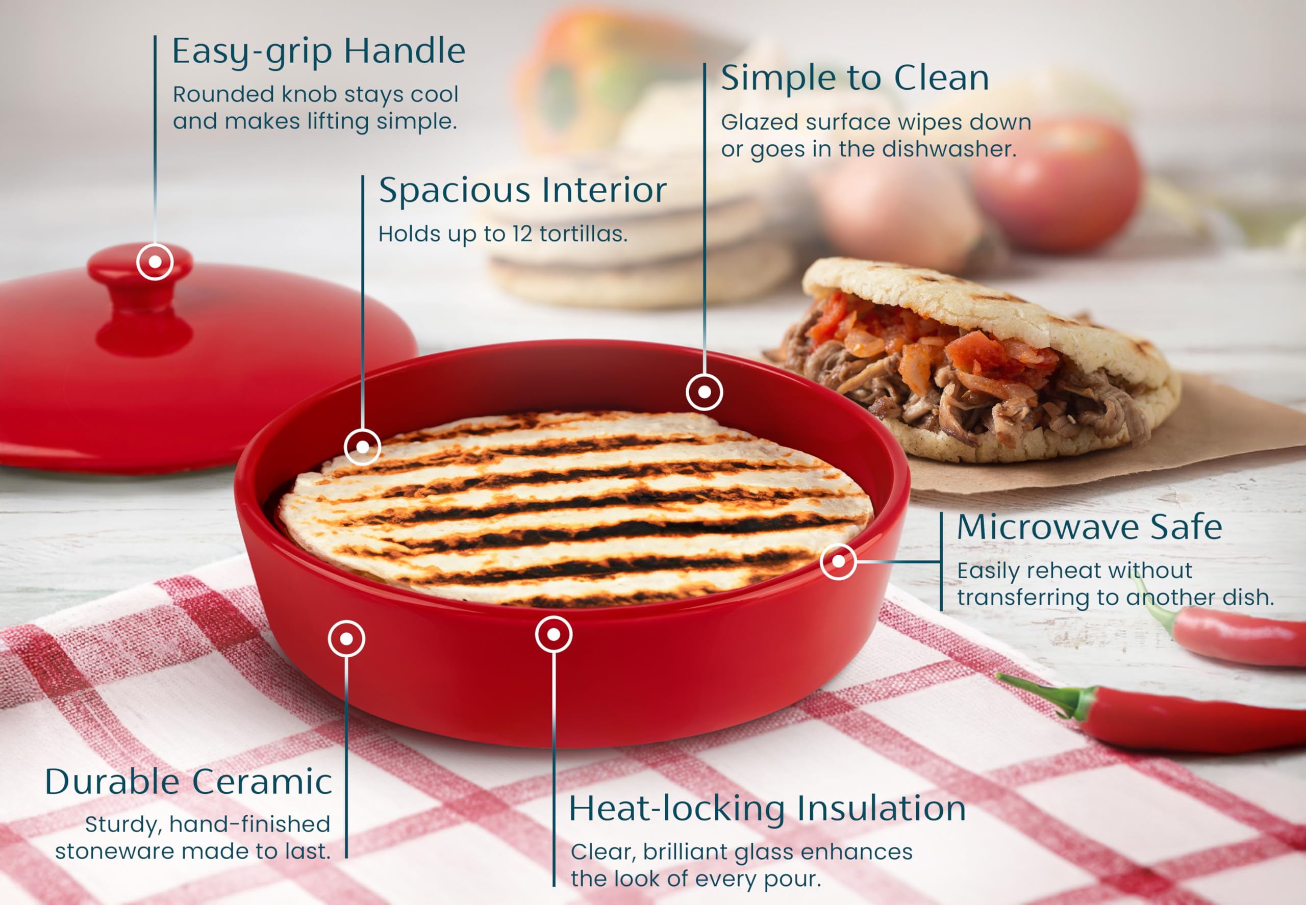 Tortilla-Wärmer von Kook, Tortilla-Halter, Taco-Bar, Keramik, handbemalt mit Deckel, authentisch, mikrowellengeeignet, spülmaschinenfest, 21,6 cm, Rot