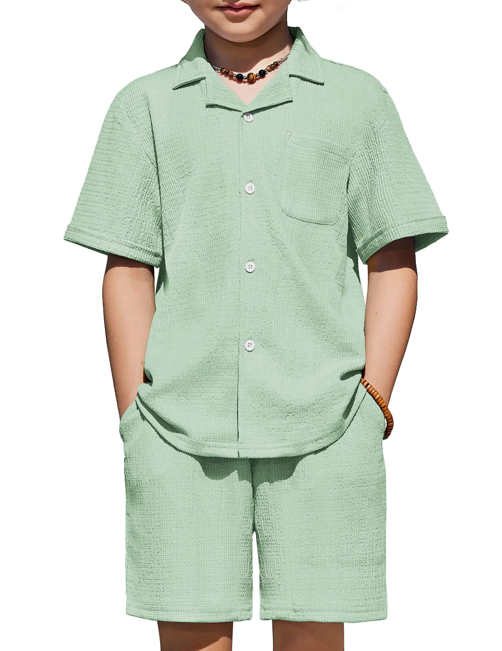 Photo 1 of ** top only**
Arshiner Boys Green Outfit Short Sleeve Textured Button Down Shirt and Shorts Set Summer Beach Wear with Pocket 9-10 Years