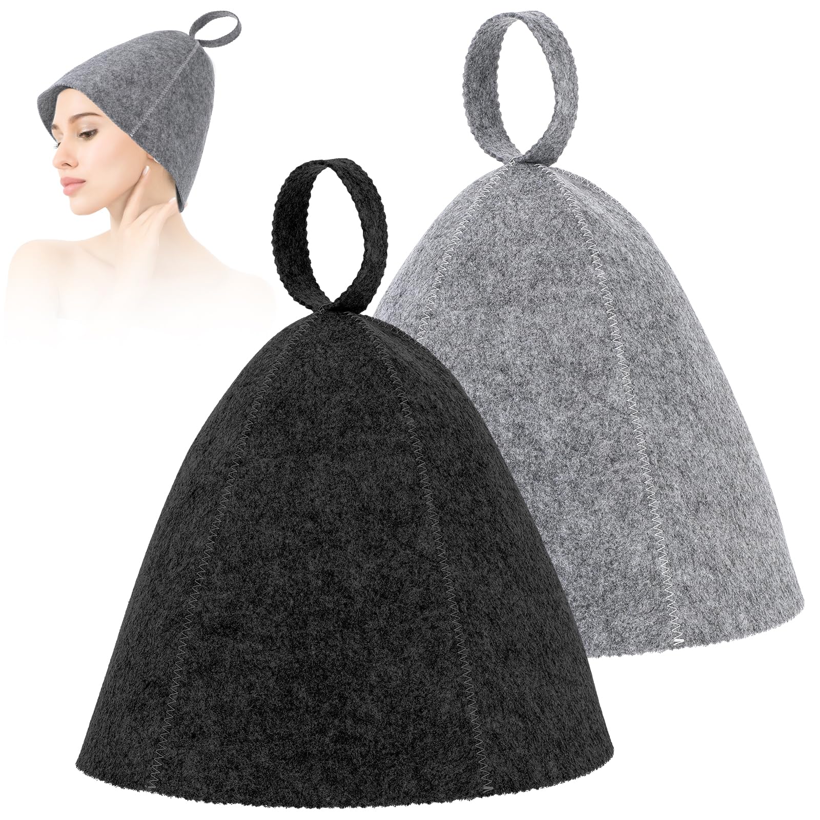 Lot de 2 bonnets de sauna en feutre de laine absorbant - Protection de la tête taille universelle gris noir