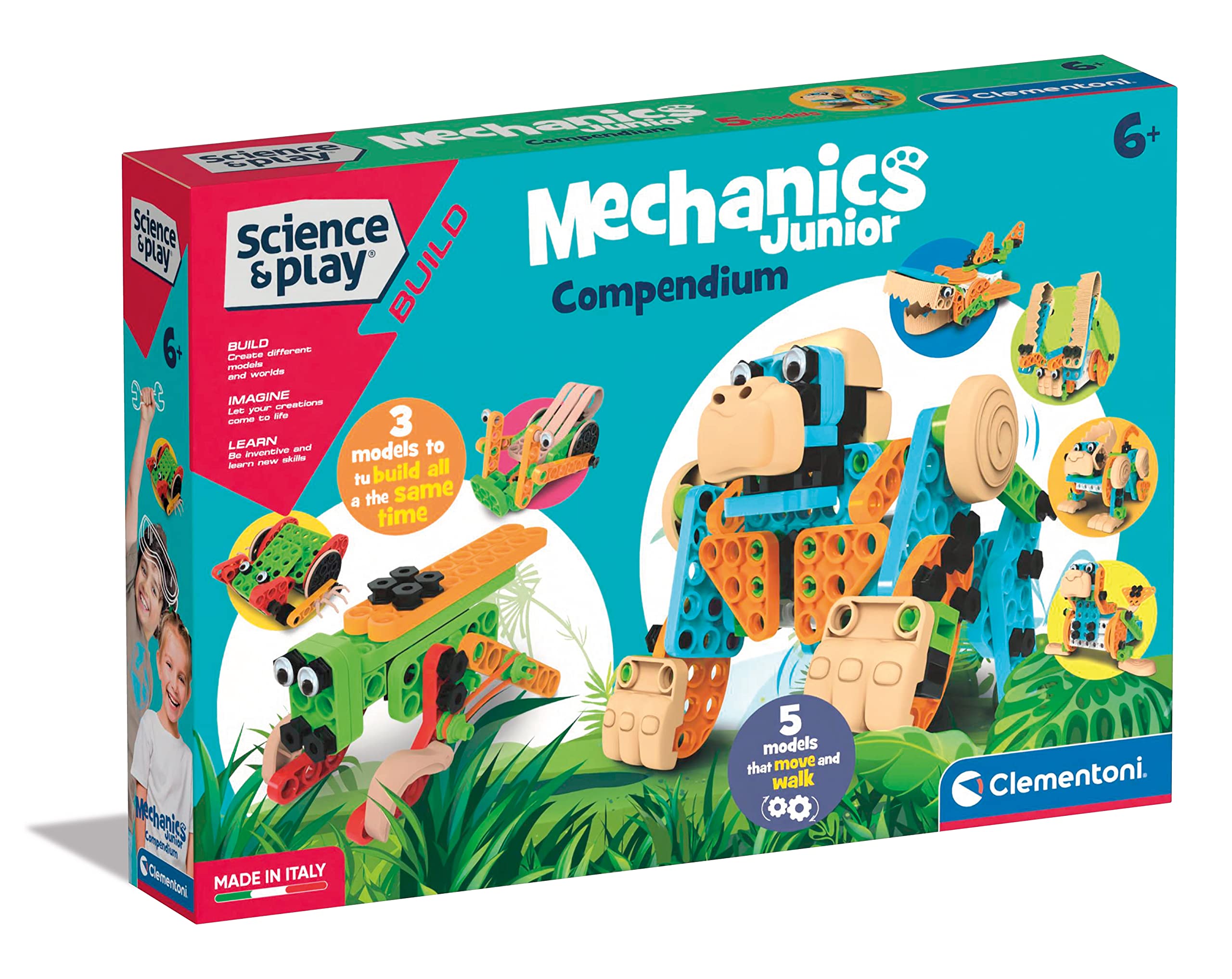 Clementoni97860 Science and Play Junior Compendium-Building and Construction, Animal Assemble Toys-Mechanics Laboratory-Made in Italy, Chr, Multicolor