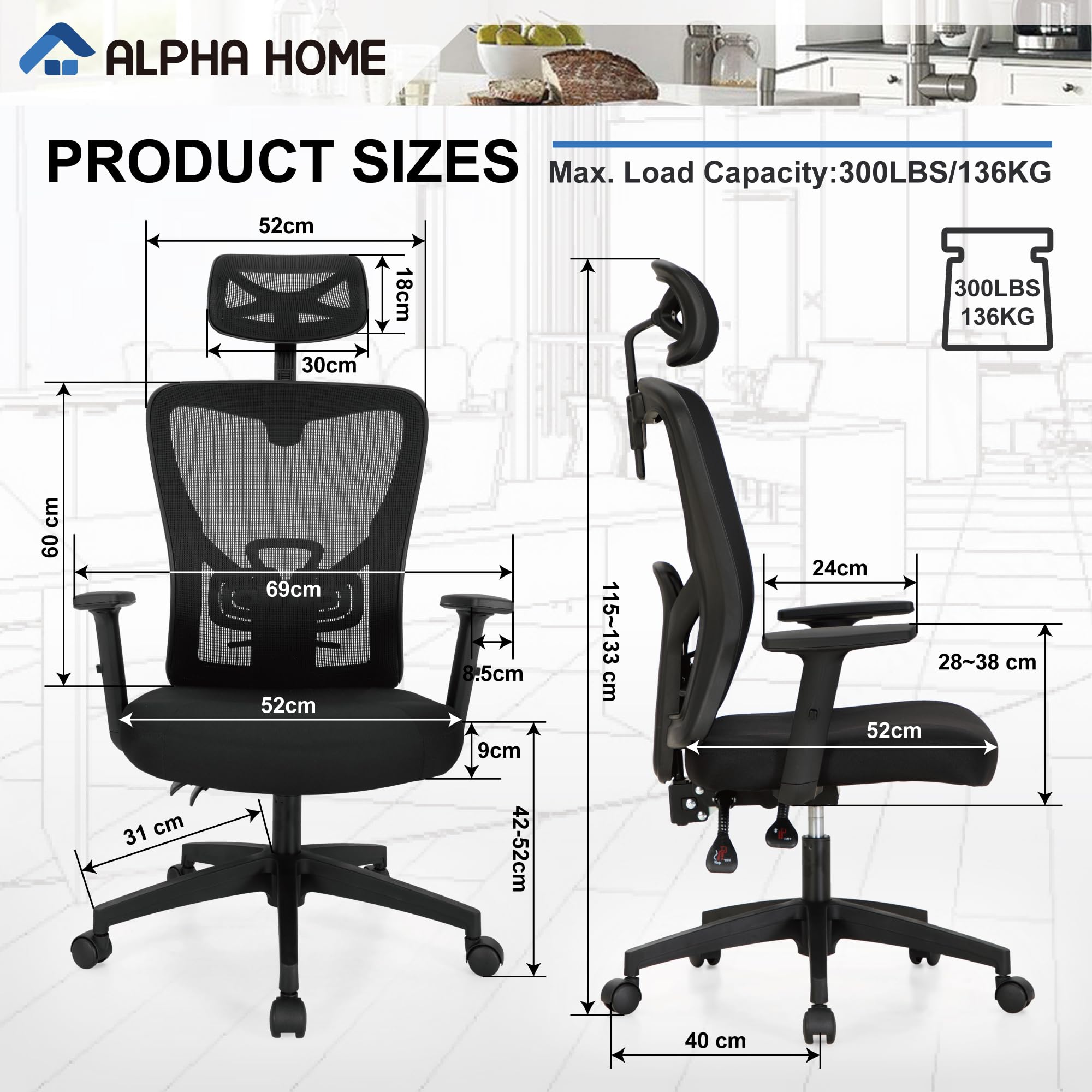 ALPHA HOME Sedia da ufficio ergonomica in rete, con schienale alto, per computer, casa e ufficio, inclinabile a 90-135°, con poggiatesta regolabile, supporto lombare e braccioli, per lavoro e studio
