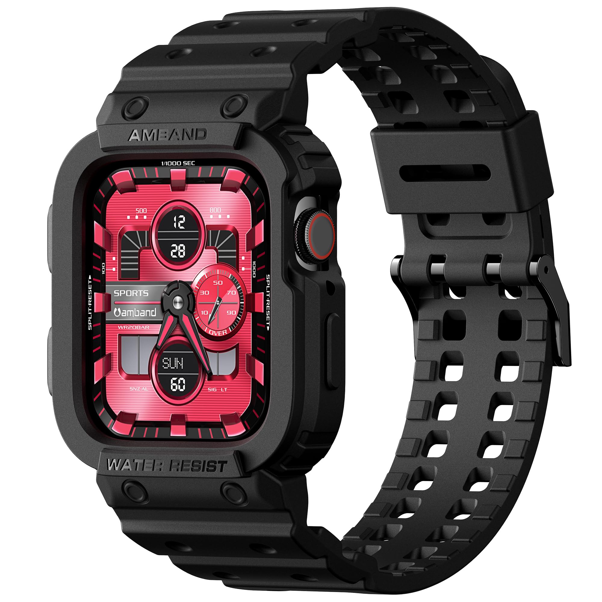 Photo 1 of amBand Compatible with Apple Watch Series 9/8/7/SE (3/2/1)/6/5/4/3 Band for Men 45mm 44mm 42mm Case, Rugged Sport Strap for iWatch 45/44 mm Military Protective Cover Bumper Drop-Proof, Matte Black