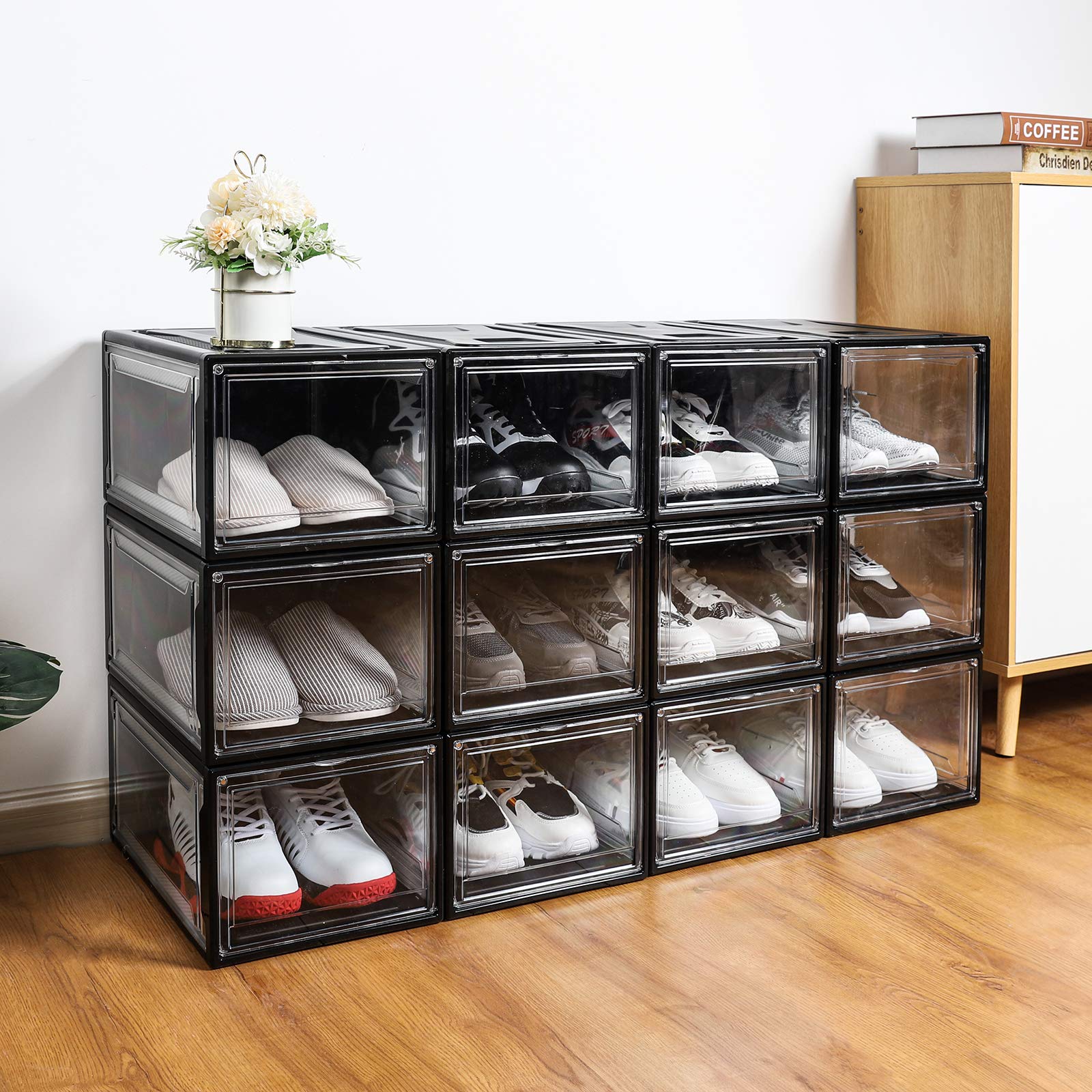 Yorbay Schuhbox, 3er Set, stapelbarer Schuhorganizer, Kunststoffbox mit durchsichtiger Tür, Schuhaufbewahrung, für Schuhe bis Größe 48, Super transparent schwarz