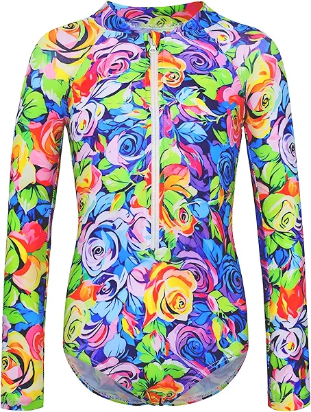 WhizBuzz Girls Long Sleeve Swimsuit Zipper Rash Guard Bathing Suit Swimwear with UPF 50+ Sun Protection for Toddler Kids