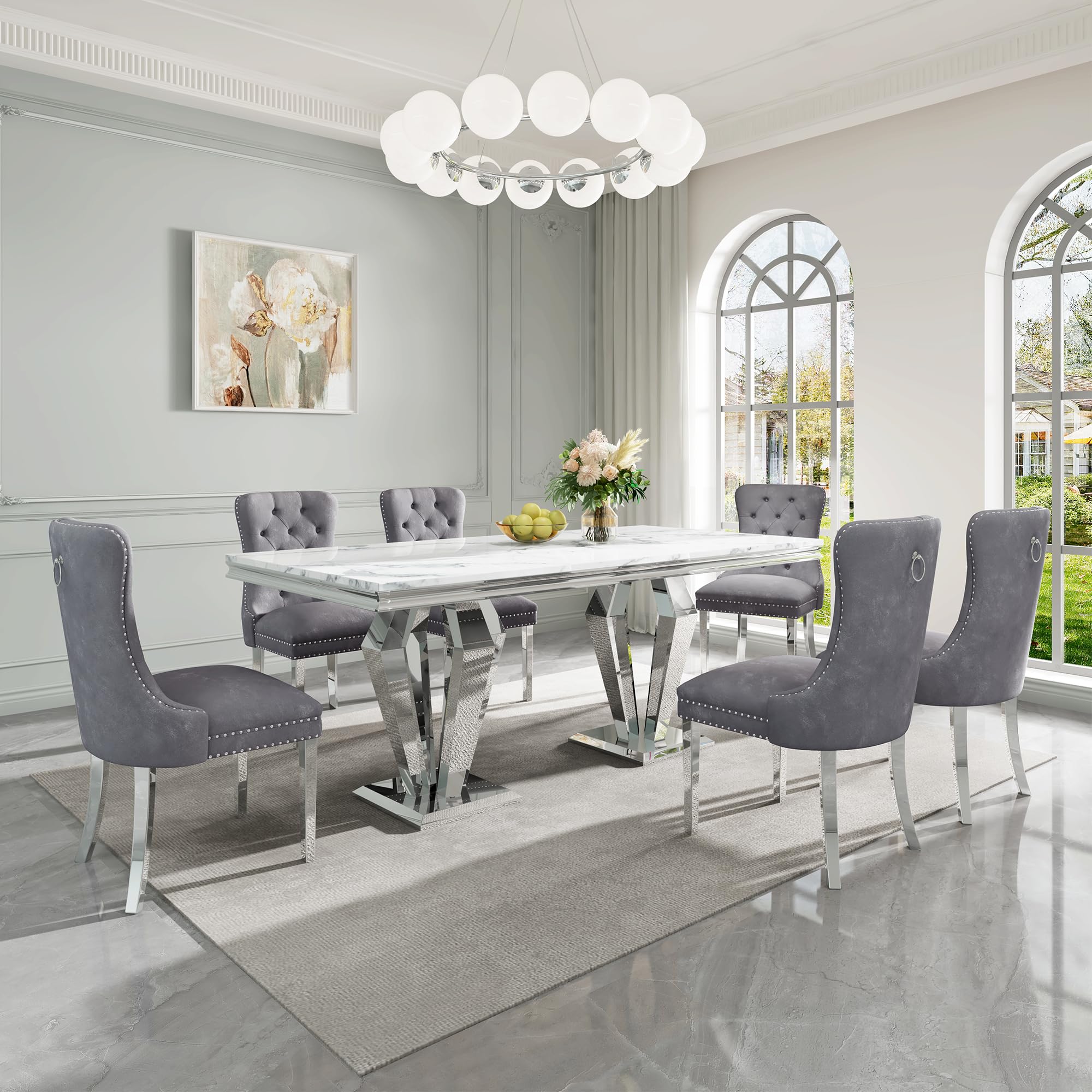 Modehodei 7-Piece Marble Dining Table Set, Luxurious Modern Kitchen Table Chairs Set with 70" Rectangle Faux Marble Dining Table and 6 Gray Velvet