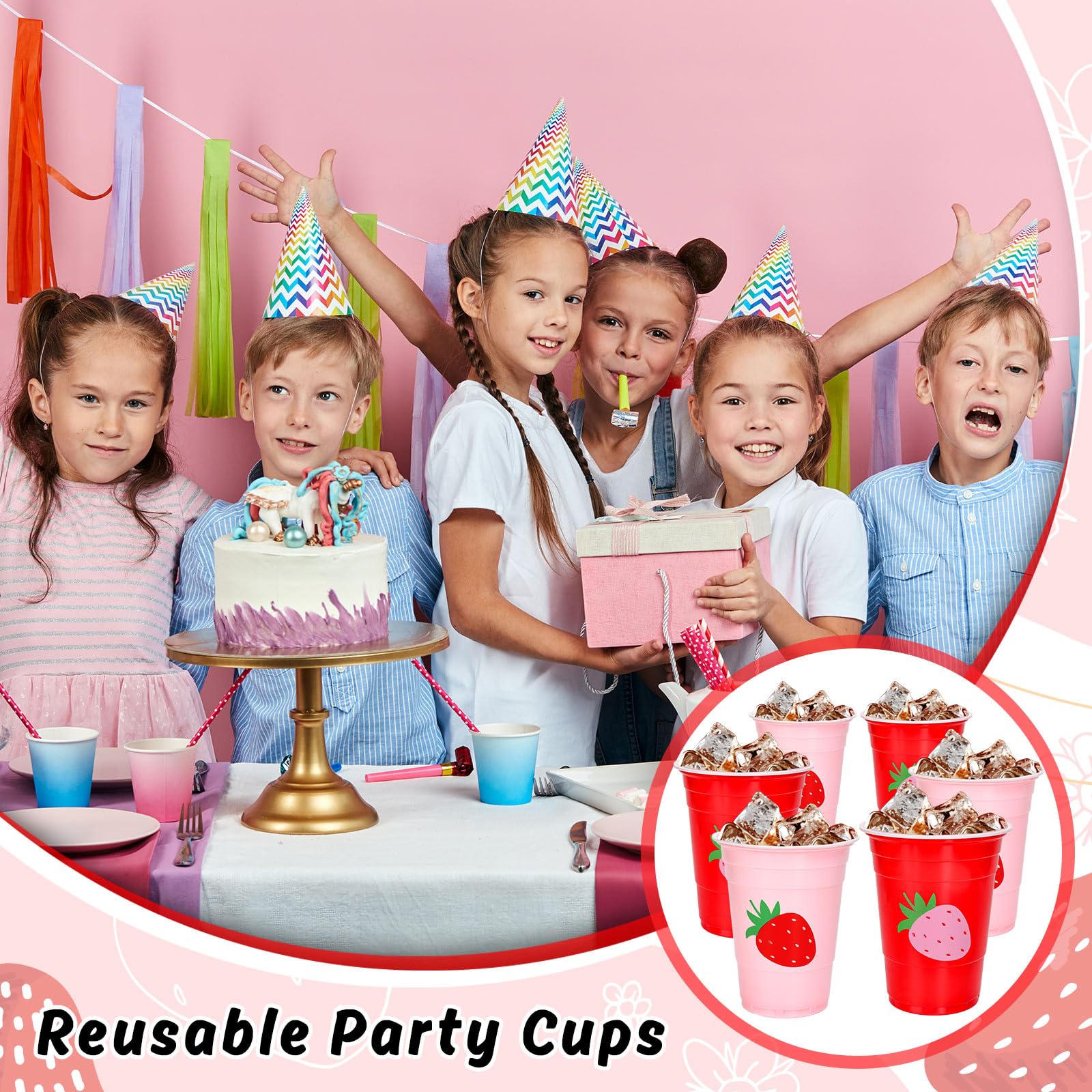 FYSUIMU Erdbeer-Plastikbecher, 473 ml, Rot / Rosa, Einweg-Trinkbecher, stapelbar, Partybecher für Sommer, Geburtstag, Babyparty, Partyzubehör, 100 Stück
