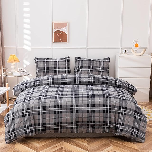 EDS Flannelette Duvet Cover 100% Brushed Cotton Tartan Check Flannel Thermal Winter Bedding Duvet Cover Set Luxury Super Soft With Matching Colour Pillow Cases - Double Grey
