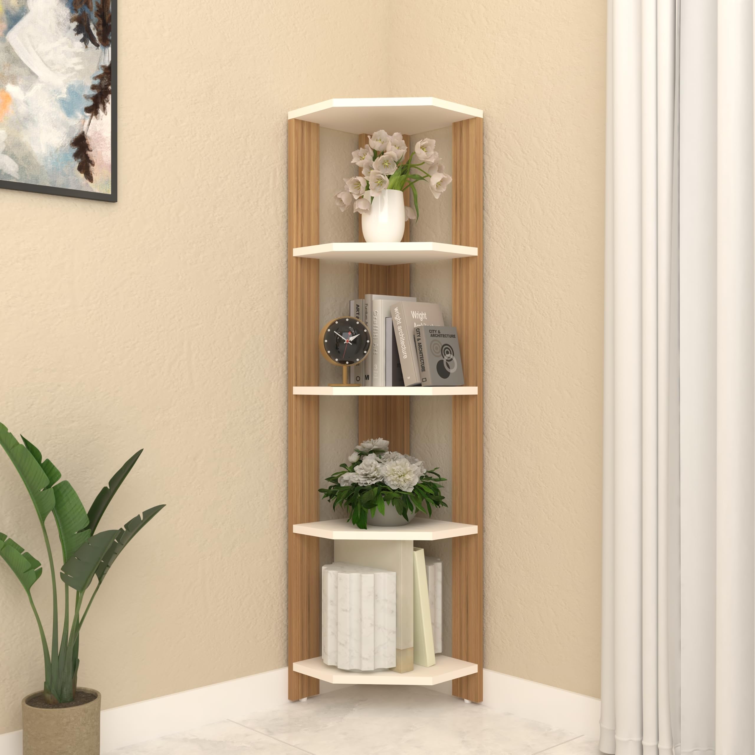 Acora 5-Tier Wooden Corner Bookshelf | Space-Saving | Modern Dual-Tone | Vertical Storage | Premium Engineered Wood | Color – Frosty White & Wood Oak Light | DIY Product (Do it Yourself |-image-39