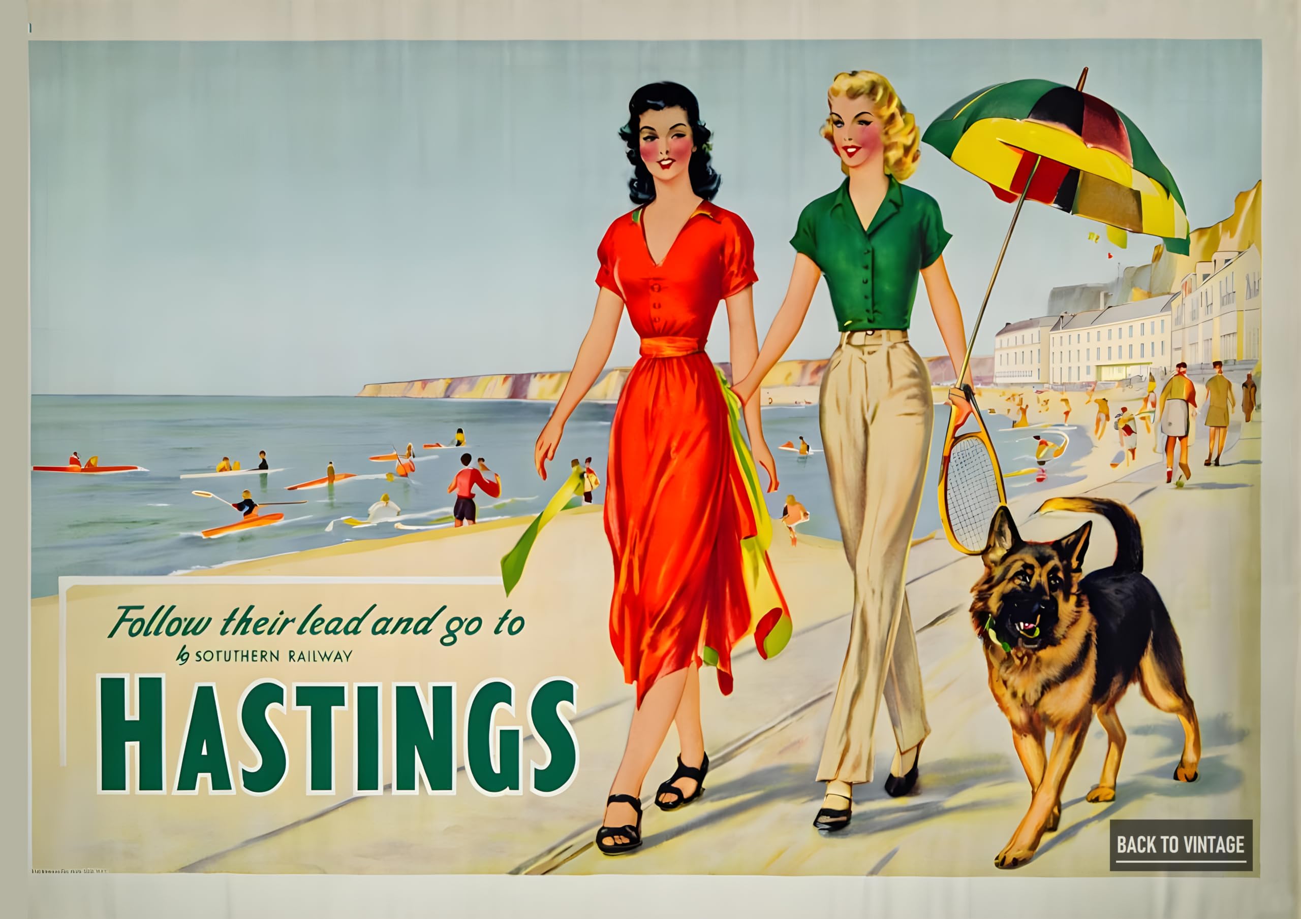 Hastings Traveling Dogs Ladies City - A4 Wall Art, Wanderlust Print, Inspirational World Map, Vintage City, Retro Poster, Home Decor for Living Room, Office, Gift Idea for Travel Lovers