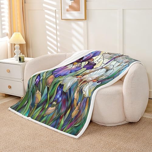 Miniatura 4 de Manta de franela de flores campestres, acuarela morado floral para dormitorio, sala de estar, forro polar suave y acogedor, manta moderna abstracta