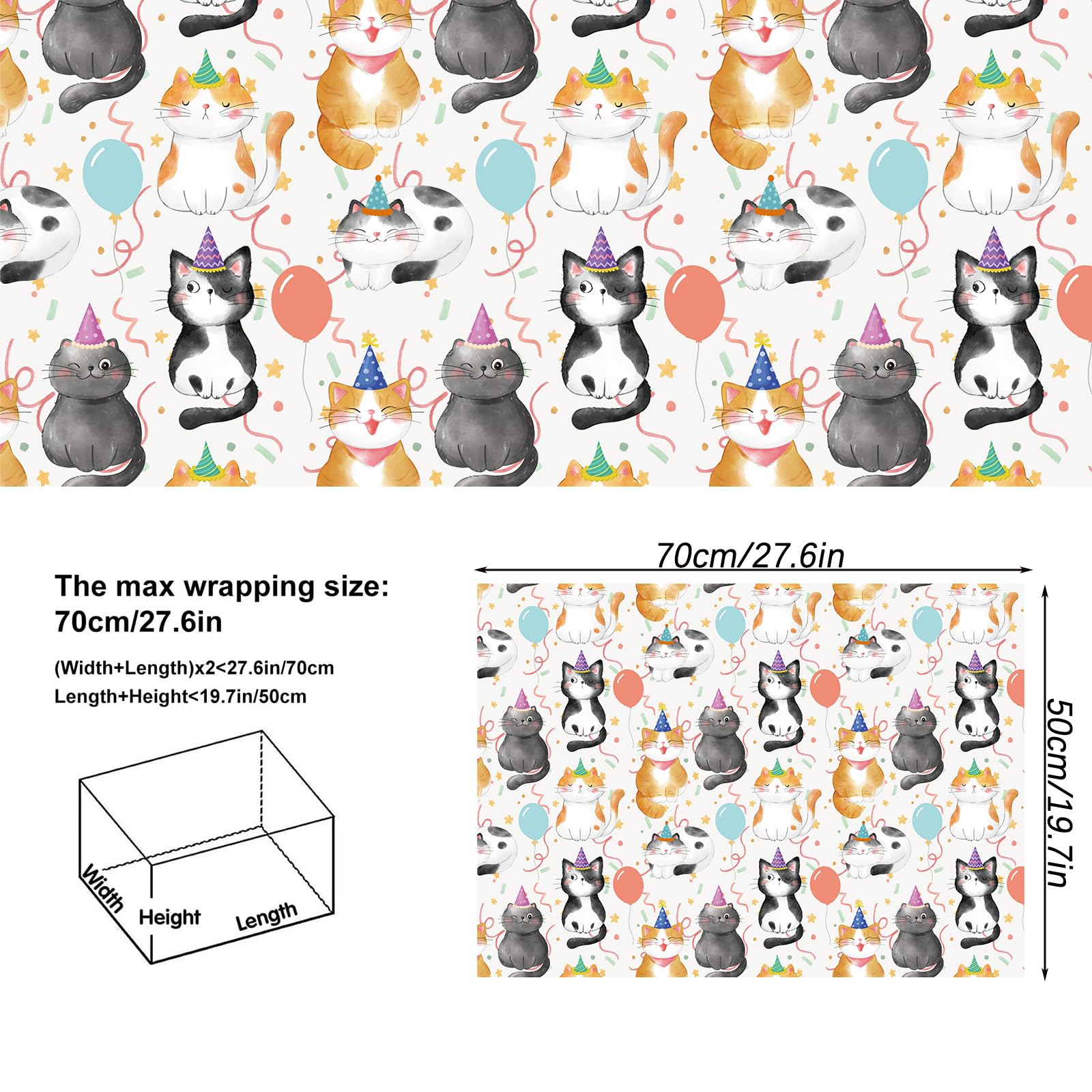 Dtiafu Papel de regalo de cumpleaños de gato, feliz cumpleaños, divertido envoltorio para niñas, niños, mujeres, cumpleaños, baby shower, vacaciones, 20 x 28 pulgadas por hojas (6 hojas)
