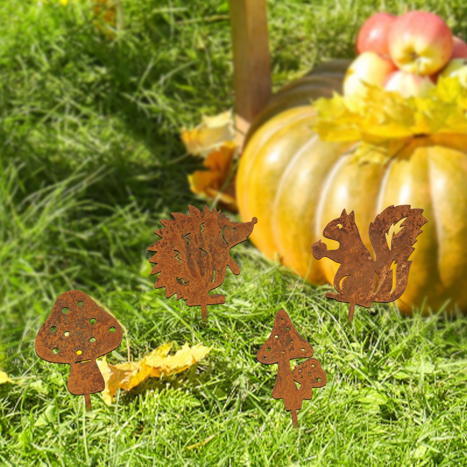 Déco Jardin Automne – Lot De 8 Piquets Métal Rouillés (écureuil, Hibou, Hérisson…) – Style Vintage Extérieur