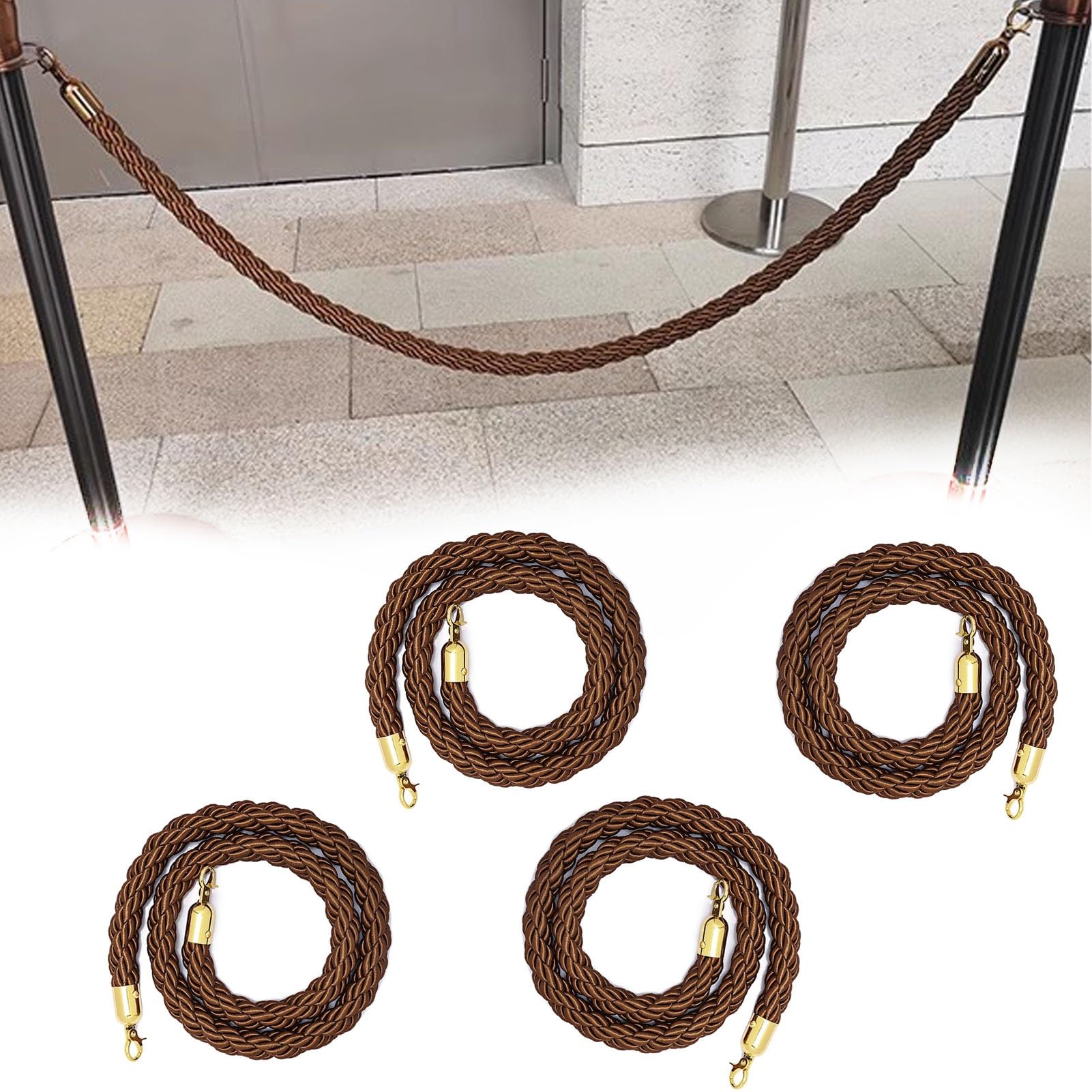 Stanchion Rope 4 Pcs Crowd Control Hemp Stanchion Rope Brown, 3 4 5 6 10 Ft Twisted Rope VIP Braided Barrier Line with Gold Clasps, Theater Party Ropes Dividers(105cm/3.5ft/41.3in)