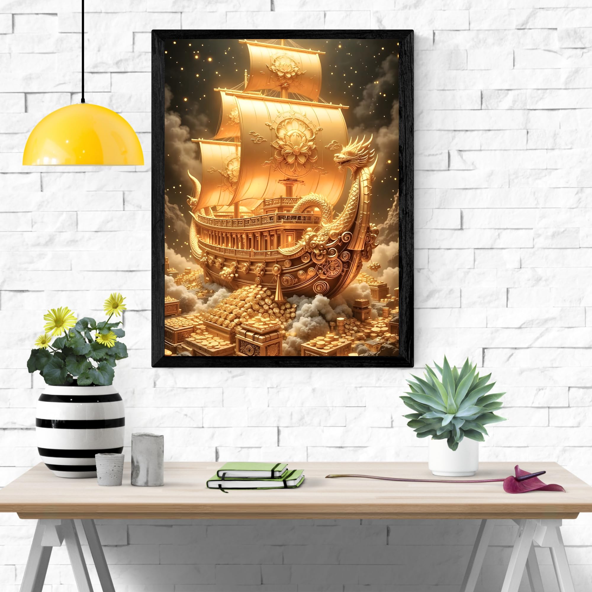 GullyMade Golden Ship Wall Art Frame | Wealth & Prosperity Symbol