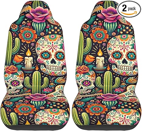 2 Pack Sugar-Skulls-Guitars Car Seat Covers, Elastic Automotive Seat Slipcovers, Protects Seats from Stains and Pets, Good for Everyday Use