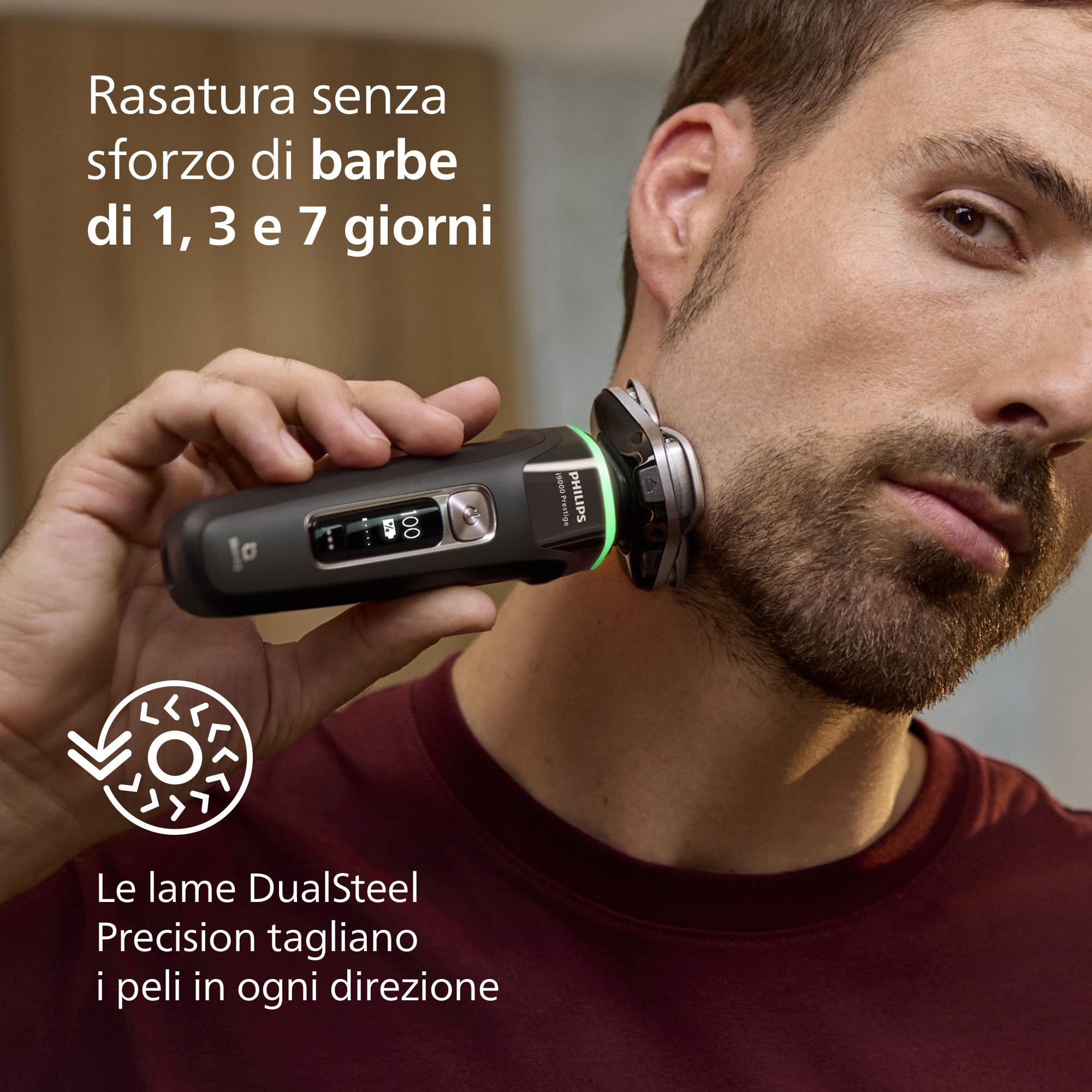 Philips Shaver i9000 Prestige, rasoio elettrico Wet & Dry, tecnologia Skin IQ, triplo sistema Lift & Cut, doppie lame in acciaio di precisione 360º, pod per pulizia rapida, modello XP9207/30