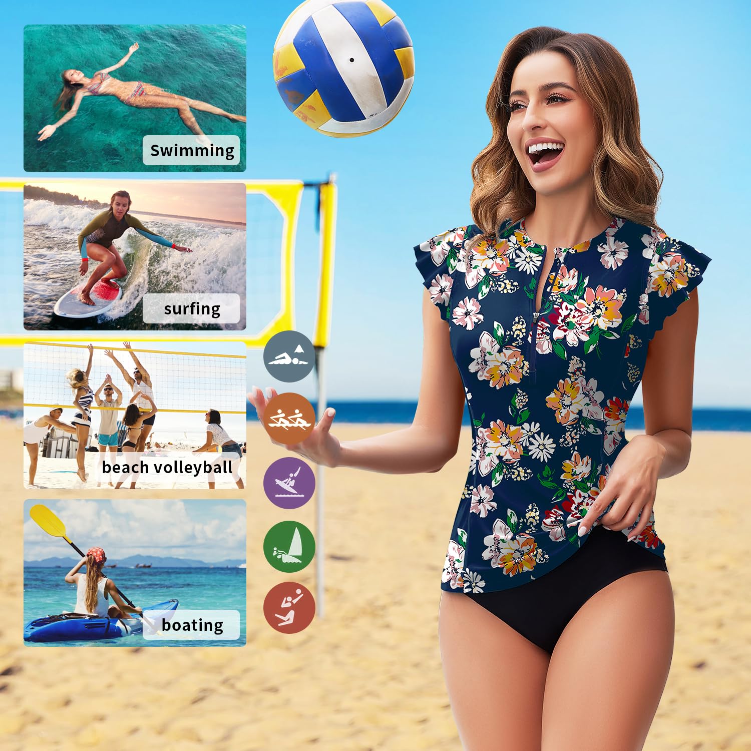 WOWENY Maillot de Bain Anti-UV pour Femme - Manches à Volants - avec Fermeture éclair 1/4 - Maillot de Bain Rash Guard - Tankini - Haut pour Femme