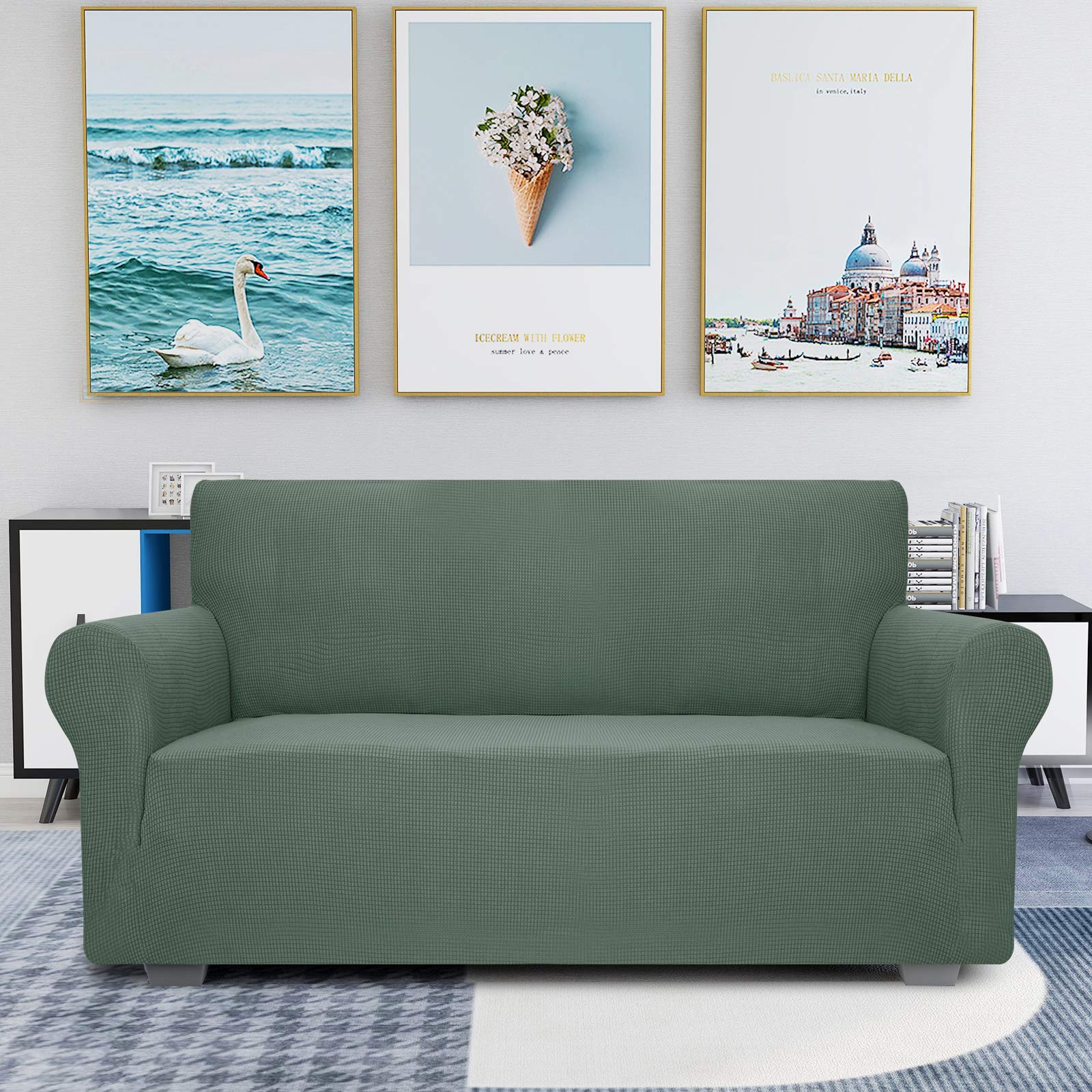 JIVINER High Stretch 1-Piece Jacquard Small Checks Couch Covers for 2 Cushion Couch Anti Slip Love Seat Sofa Covers Loveseat Slipcovers Protector for Kids Pets (Loveseat, Pea Green)