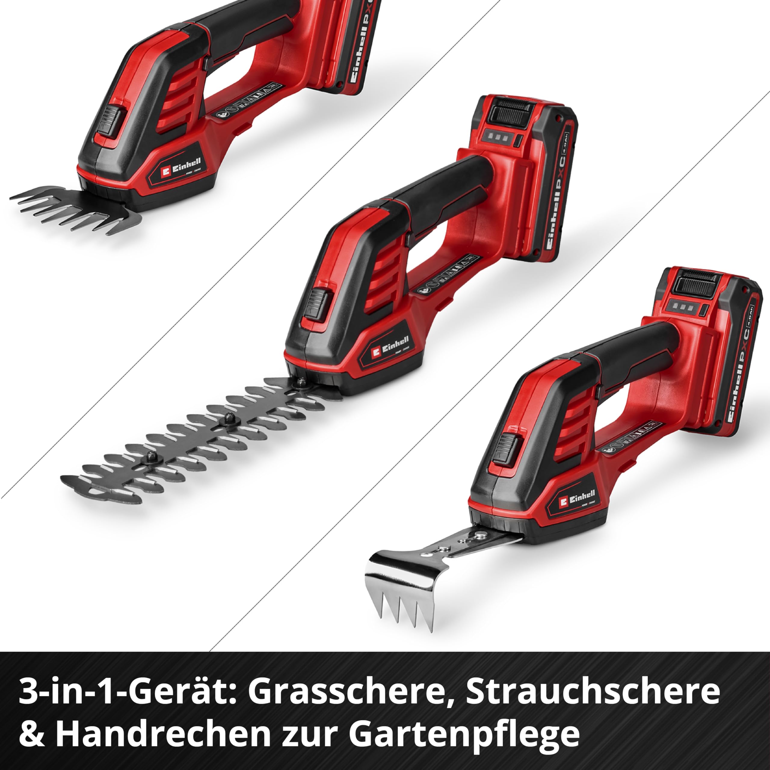 Einhell Akumulatorowe nożyce do trawy/krzewów GE-CG 18/100 Li - 3 w 1-Solo Power X-Change (18 V, w zestawie nóż do cięcia trawy 100 mm, nóż do cięcia krzewów 200 mm, nasadka do grabienia, bez