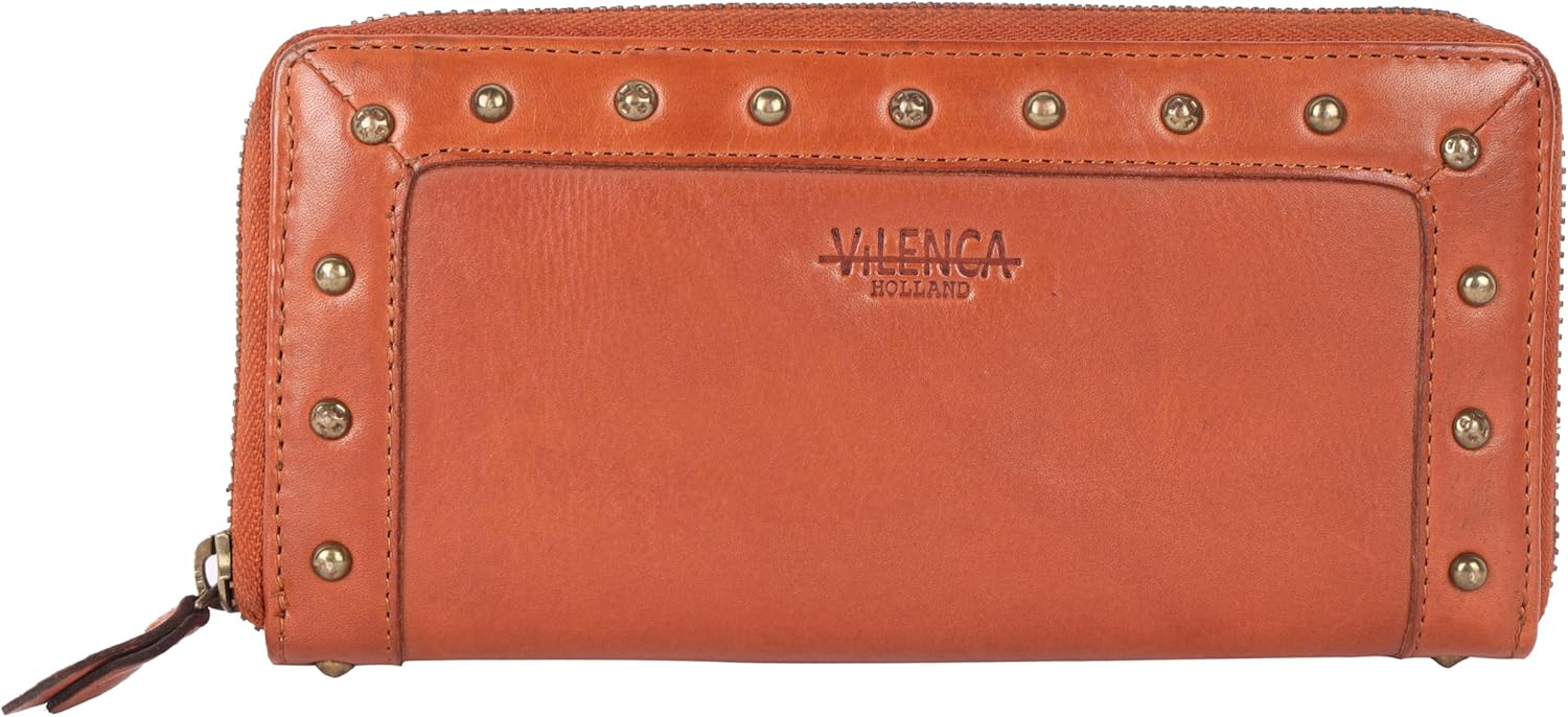 Vintage Genuine Italian Leather Boho Studded Wallet – Zipper Coin Purse & Credit Card Holder for Women (Cognac)