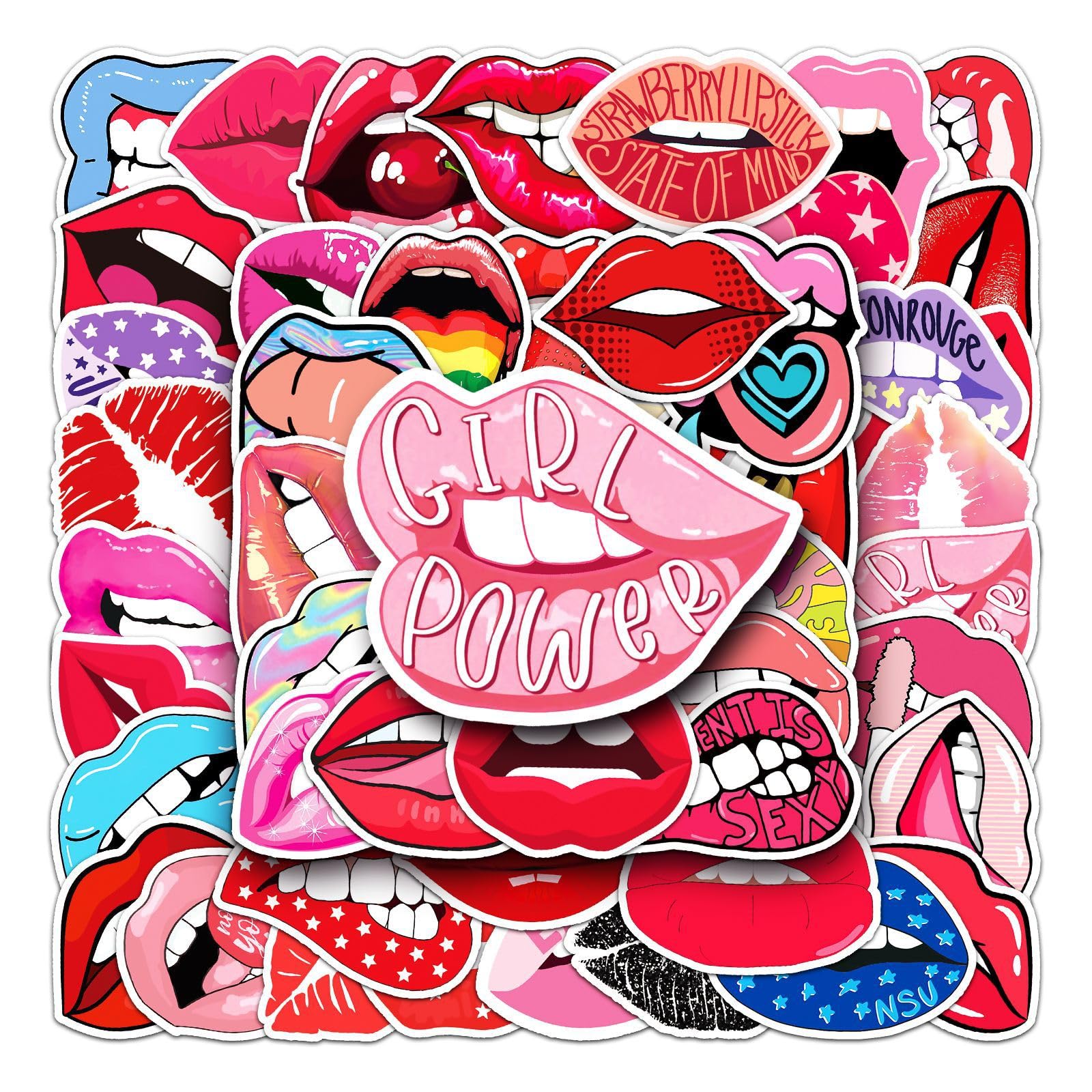 AUCEKO 50PCS Lip Stickers, Thick Lips Stickers, Vinyl, Cartoon, Glitter, Waterproof, Outdoor, Skateboard, Guitar, Laptop, Luggage, Car, Bike, Water Bottle, Birthday Party Supplies