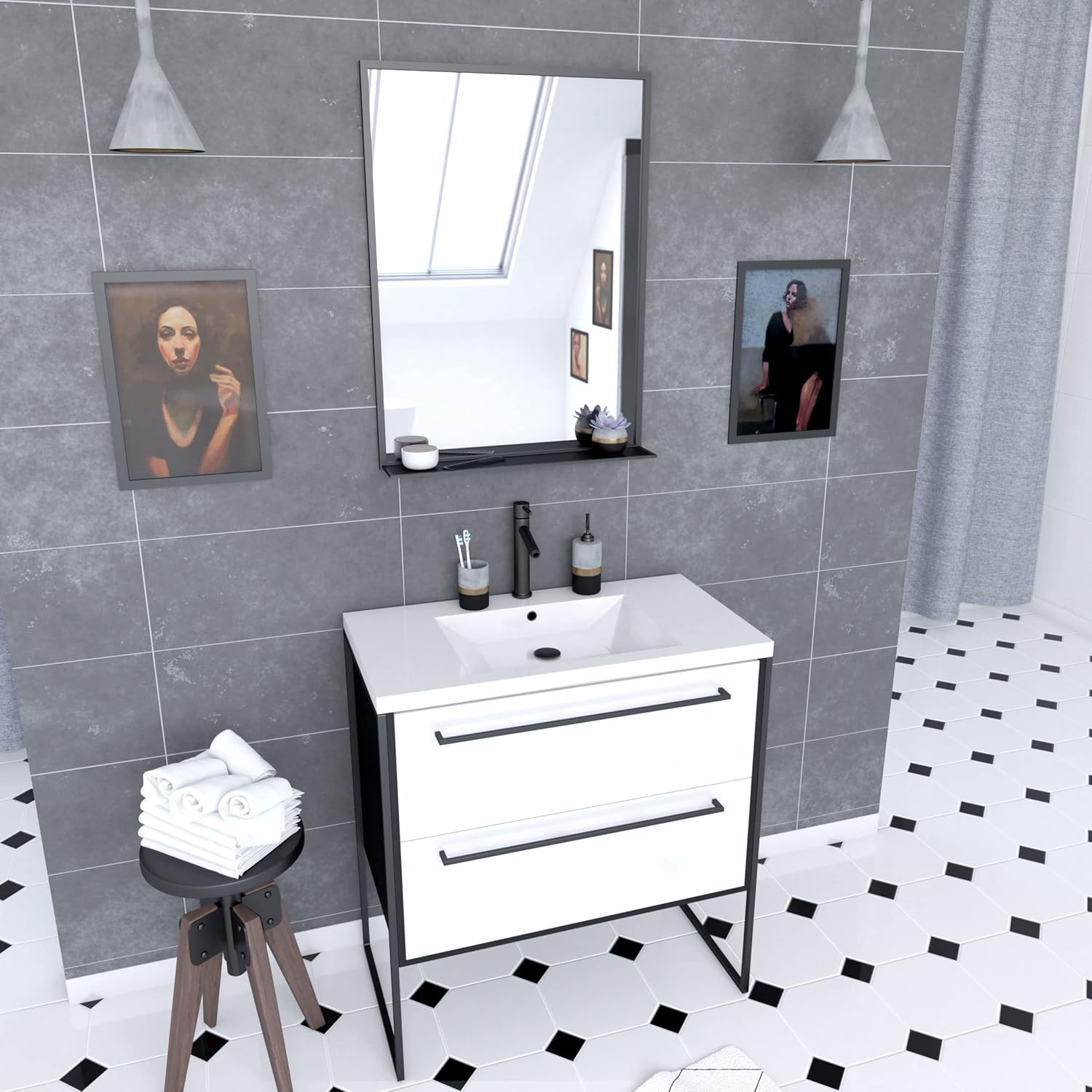 Pack of Bathroom Furniture 80 x 50 cm – 2 White Drawers – White Basin + Matt Black Mirror
