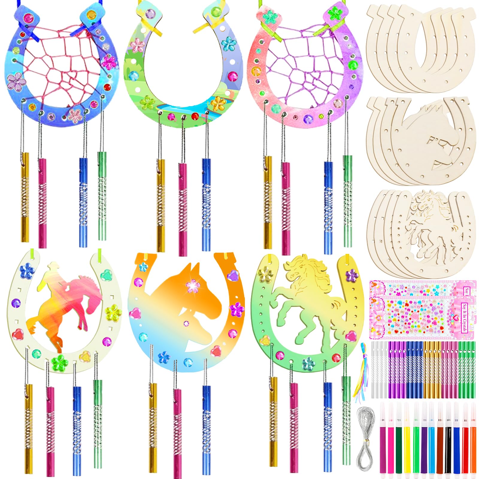 Zeuwets Herraduras Campanas de Viento de Madera Cumpleaños, 18 Pcs Discos de Madera con Forma de Herradura, con Pegatina Diamante & Bolígrafos Acuarela, Herraduras de Madera para Artesanía Decoración