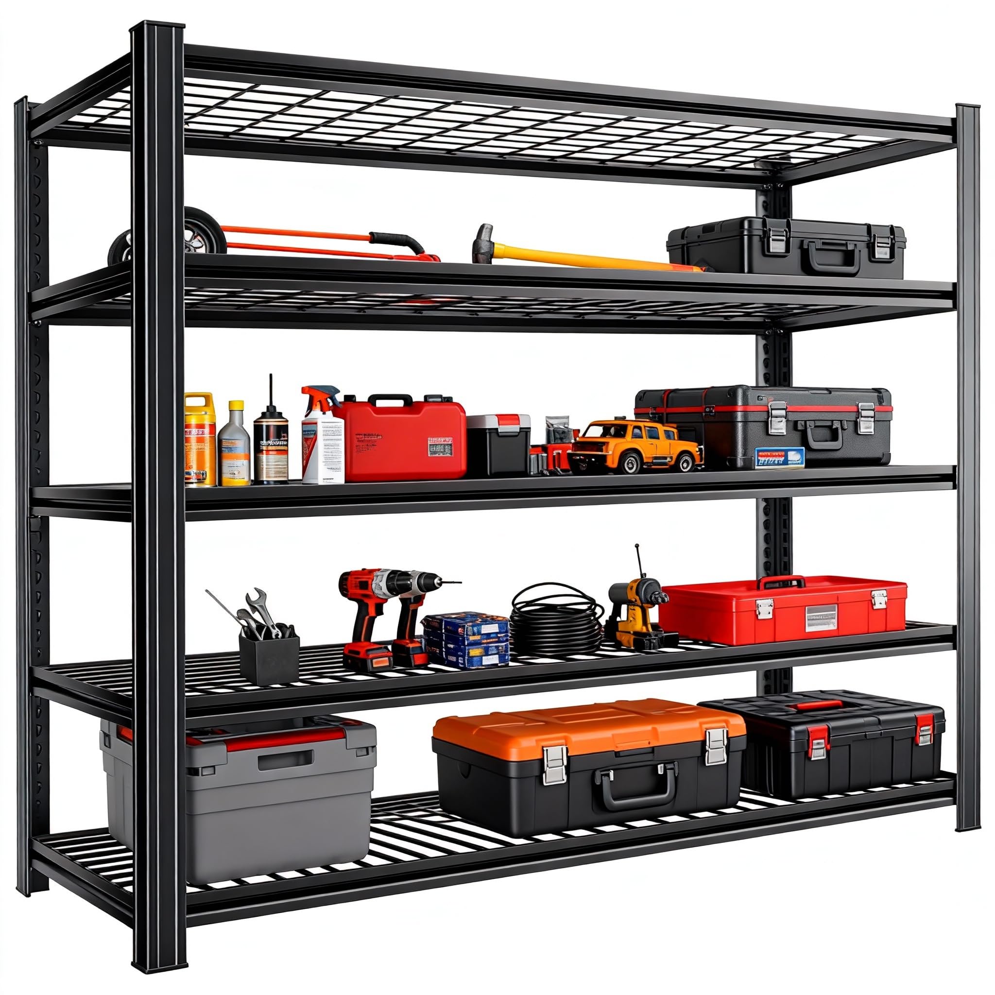 Notmise Heavy Duty 5-Tier Wire Shelving Unit fully assembled in a garage setting, holding various tools and storage boxes.