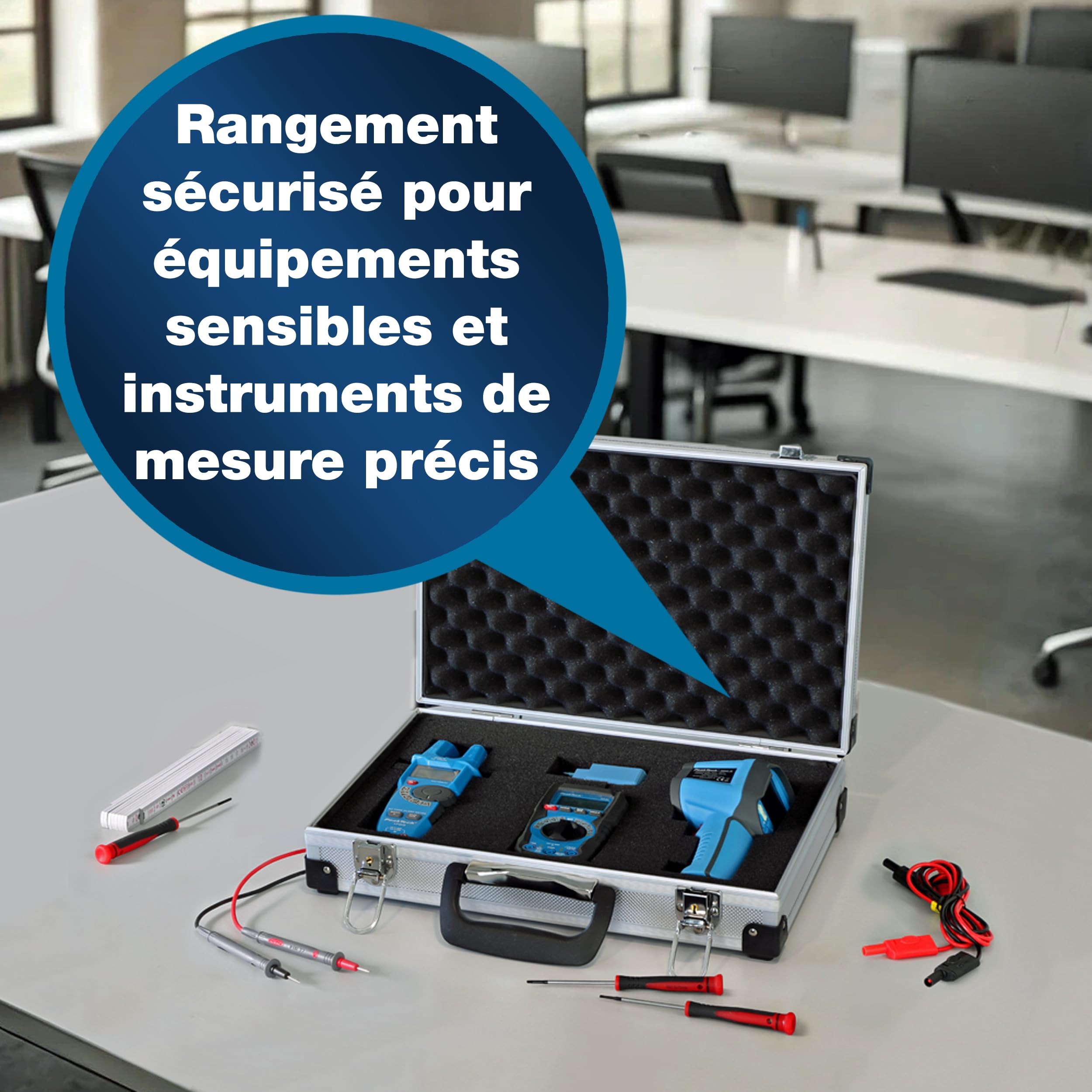 PeakTech 7265 – Mallette Universelle pour Instruments de Mesure, Mallette Robuste en Aluminium, Compartiment à Outils, Cube en Mousse, Rembourrage en Mousse, XL - 390 x 280 x 100 mm