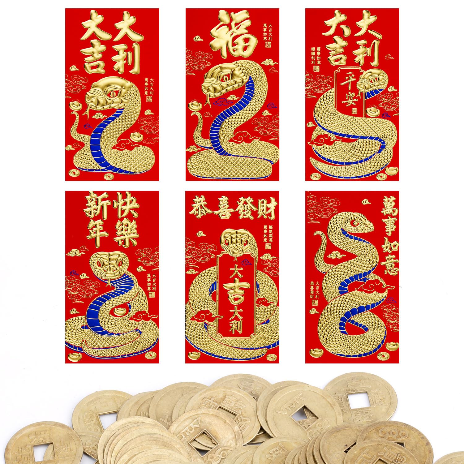 Buste Rosse per Capodanno Cinese 2025 con 50 Monete Feng Shui 16,8x9cm Hong Bao Serpente 6 Motivi Rilievo Dorati