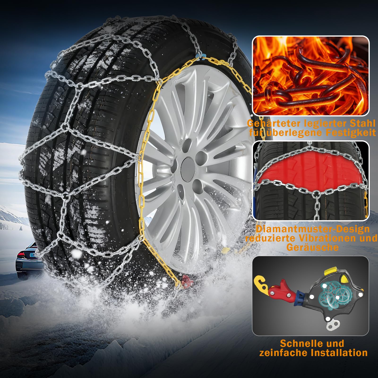 Schneeketten Auto-Fixierung 1‑Min Schnellmontage Leichte Installation Reifenketten, Tragbar Wiederverwendbar Universelle Notfall-Reifentraktionskette für PKW, Pickup-Trucks und SUV – 2er‑Set(HKN-100)
