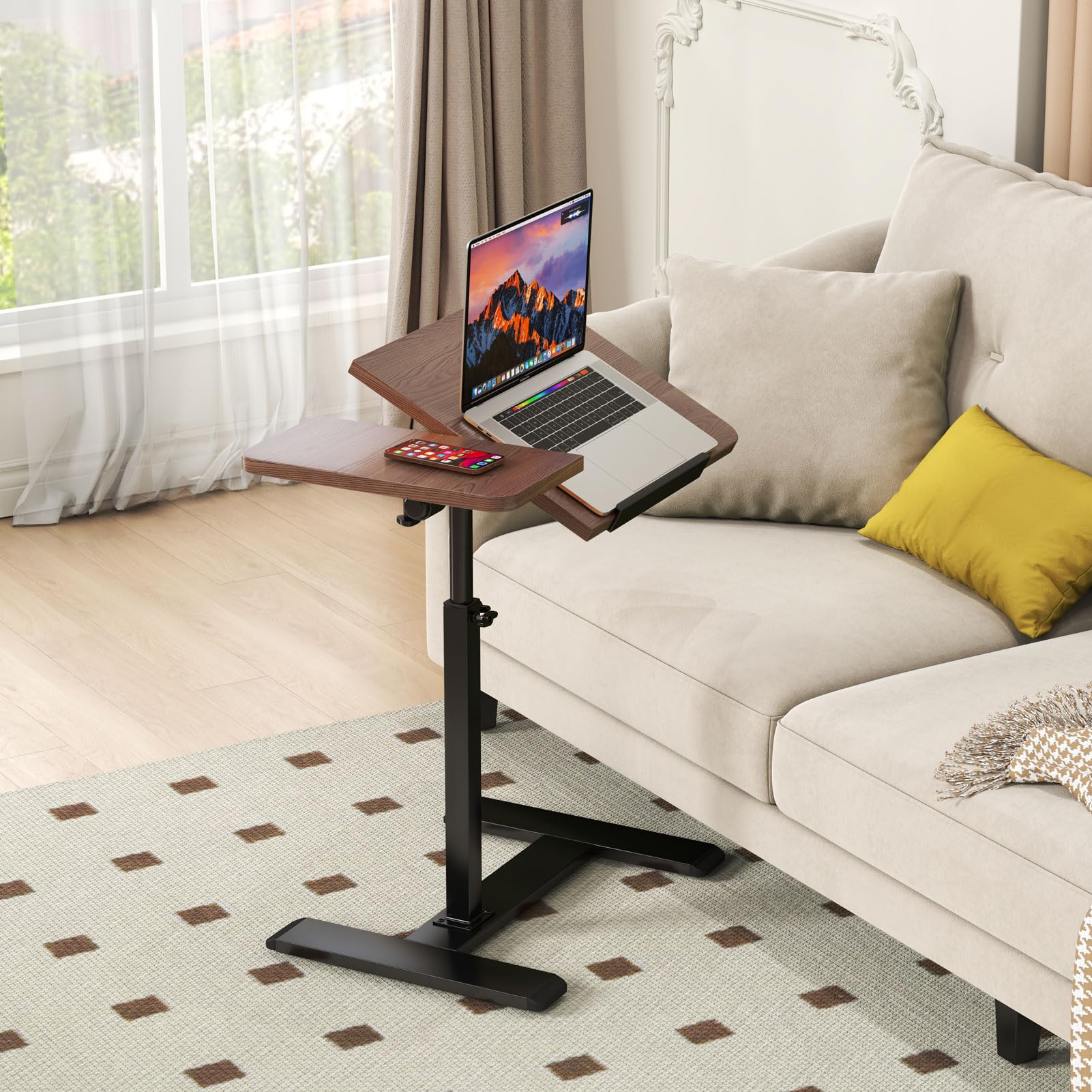 Awoyep Beistelltisch Klein Laptoptisch Couchtisch Holz: Kaffeetisch C Form Höhenverstellbar Sofatisch Rollen Tisch 360° Drehbarer Mobiles Stehpult Wohnzimmer für Bett Sofa Büro Office