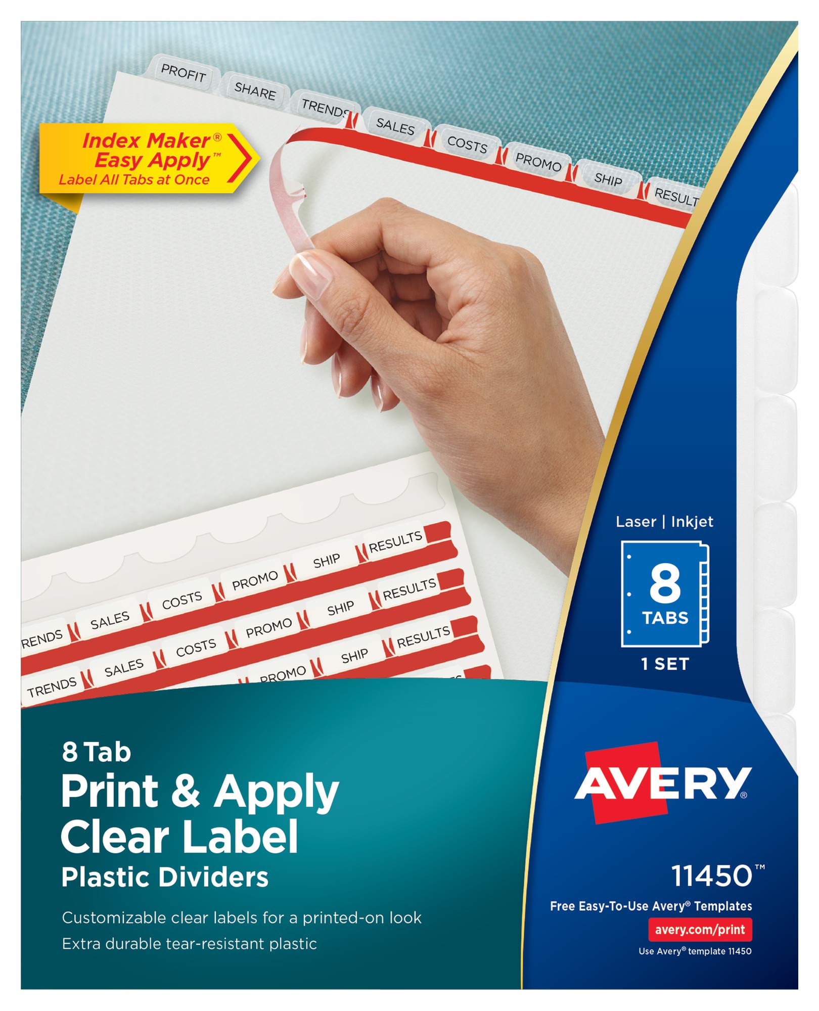Avery8 Tab Plastic Dividers for 3 Ring Binder, Easy Print & Apply Clear Label Strip, Index Maker Customizable Frosted White Tabs, 1 Set (11450)